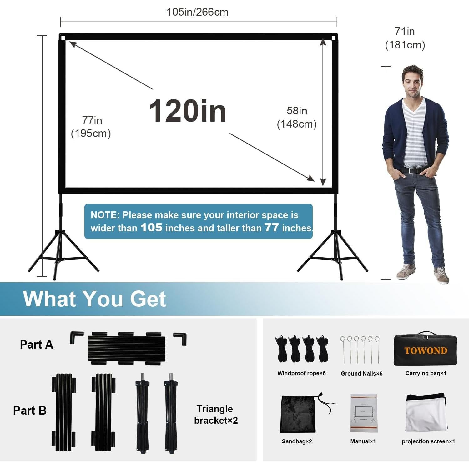 Pantalla de Proyector Towond 120" Plegable HD 16:9 con Soporte