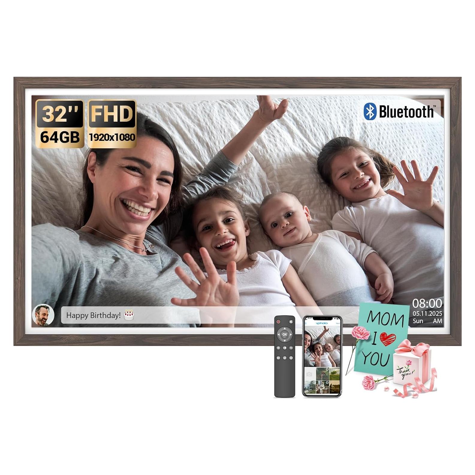 BSIMB Large Digital Picture Frame 32 Inch, 64GB 1920x1080 FHD WiFi Digital Photo Frame Electronic, Wall Mount Included, Share Pictures/Videos via App Easy Setup Gifts for Mom(Non-Touch), Dark Wood