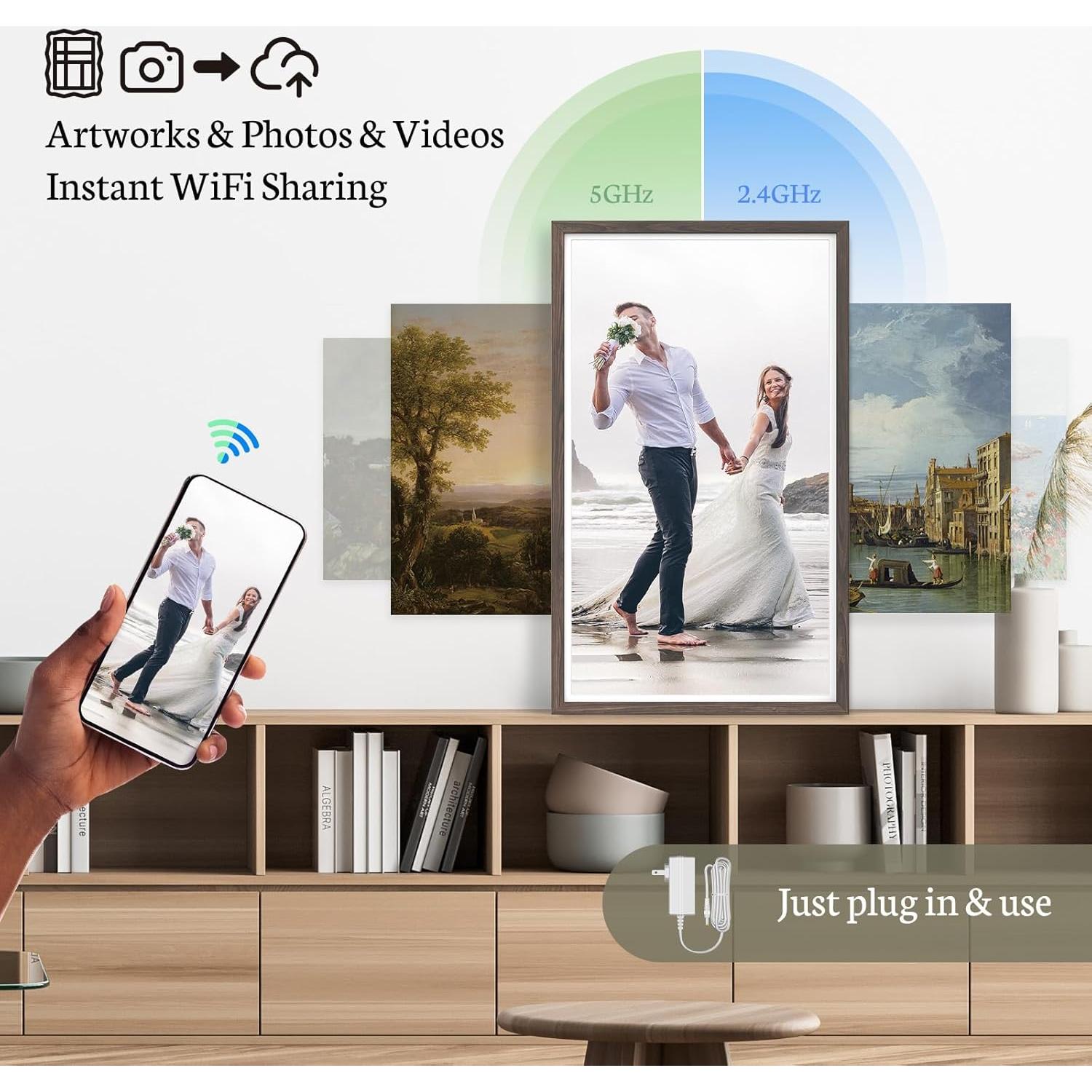 BSIMB Large Digital Picture Frame 32 Inch, 64GB 1920x1080 FHD WiFi Digital Photo Frame Electronic, Wall Mount Included, Share Pictures/Videos via App Easy Setup Gifts for Mom(Non-Touch), Dark Wood