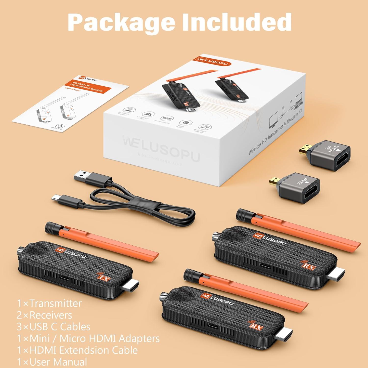 Transmisor HDMI Inalámbrico WELUSOPU 1TX+2RX 50m 4K 1080p
