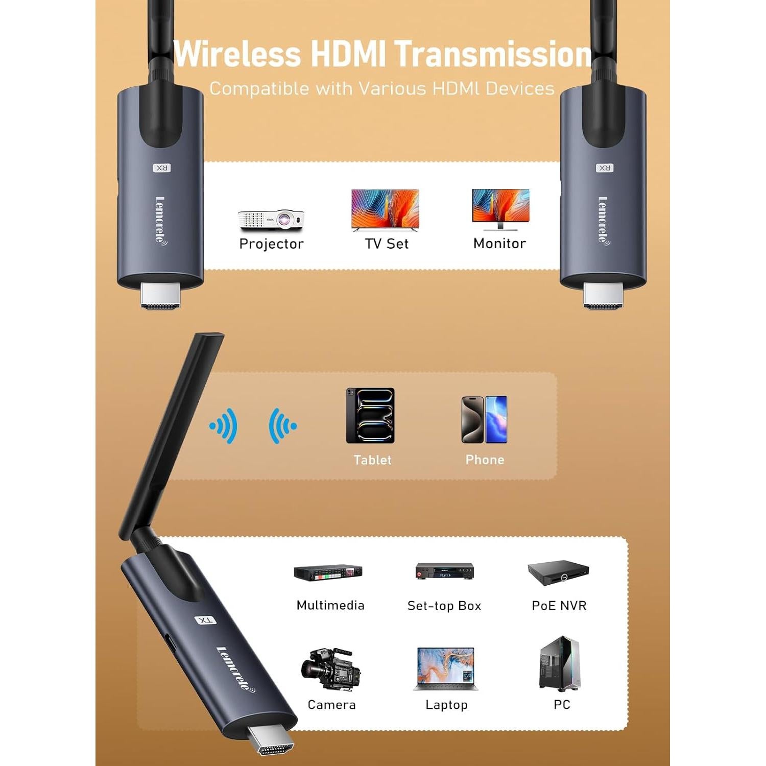 Transmisor y 2 Receptores HDMI Inalámbricos Lemorele 200m 1080P