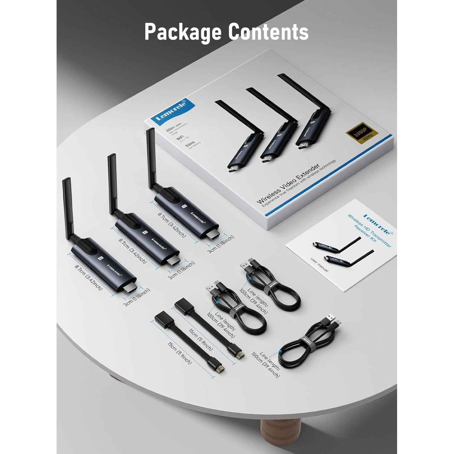 Transmisor y 2 Receptores HDMI Inalámbricos Lemorele 200m 1080P