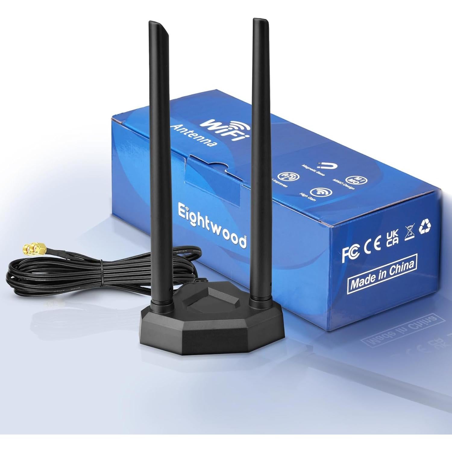 Antena WiFi Doble Banda Eightwood 2.4GHz 5GHz 8dBi con Cable 1.98m
