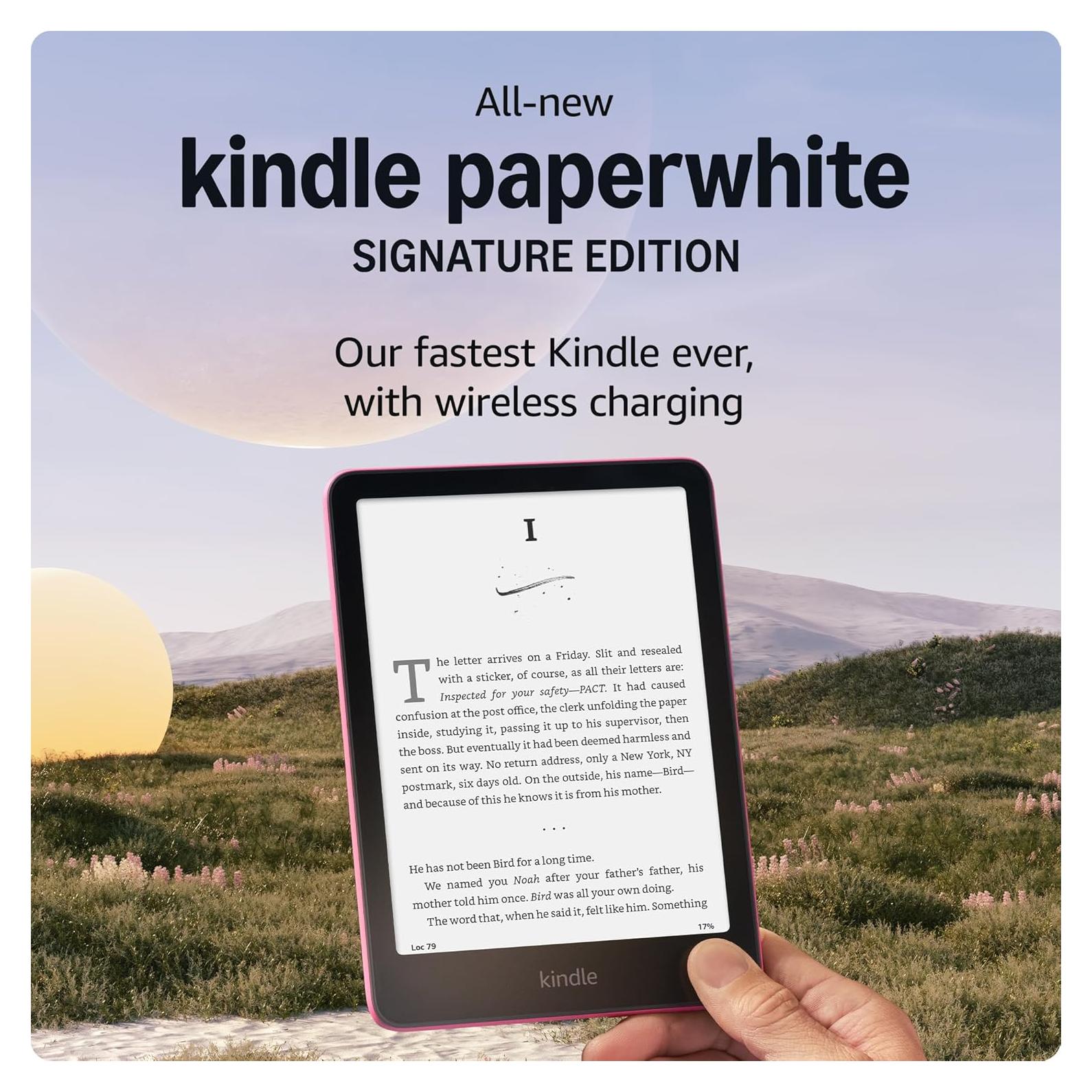 All-new Amazon Kindle Paperwhite Signature Edition Essentials Bundle including All-new Kindle Paperwhite Signature Edition (32GB) - Raspberry, Fabric Cover-Raspberry, and Wireless Charging Dock