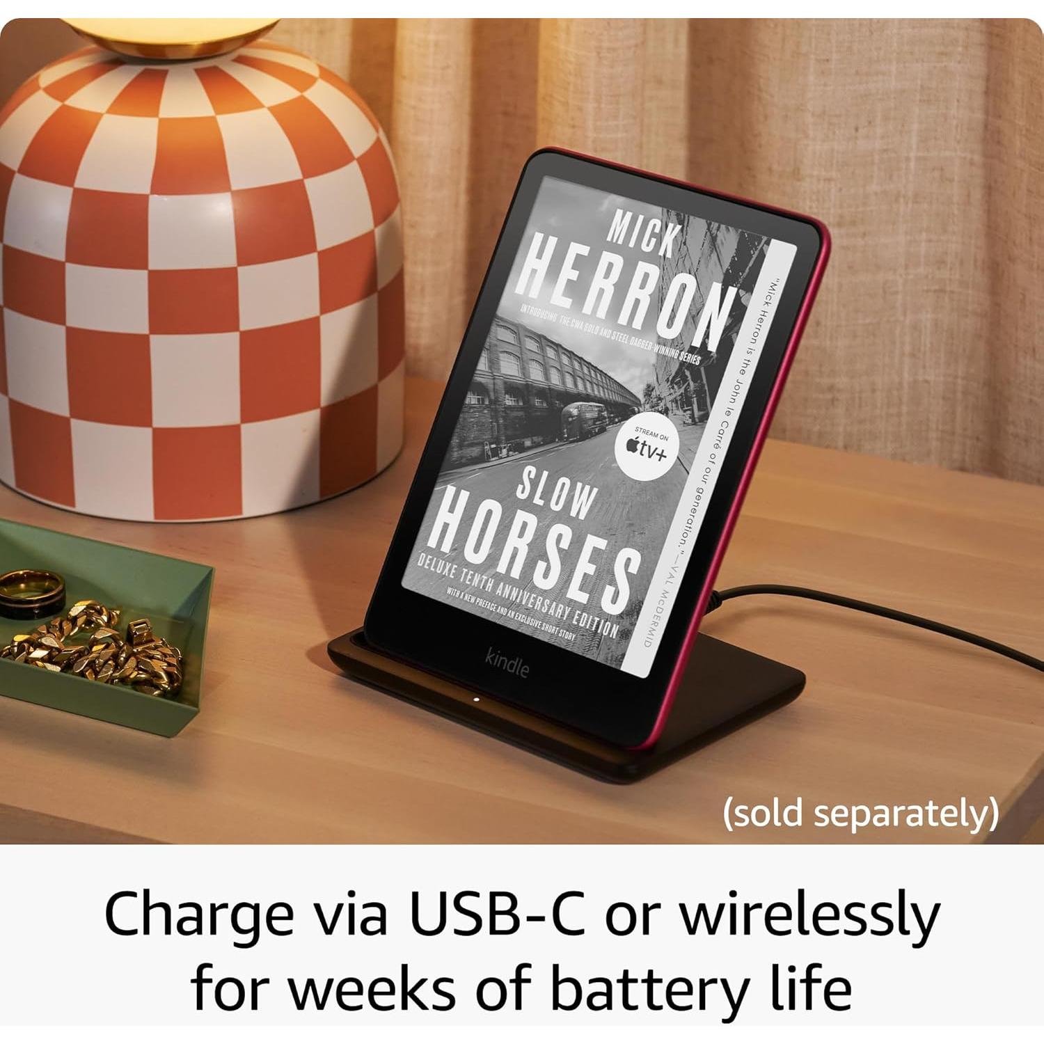 All-new Amazon Kindle Paperwhite Signature Edition Essentials Bundle including All-new Kindle Paperwhite Signature Edition (32GB) - Raspberry, Fabric Cover-Raspberry, and Wireless Charging Dock