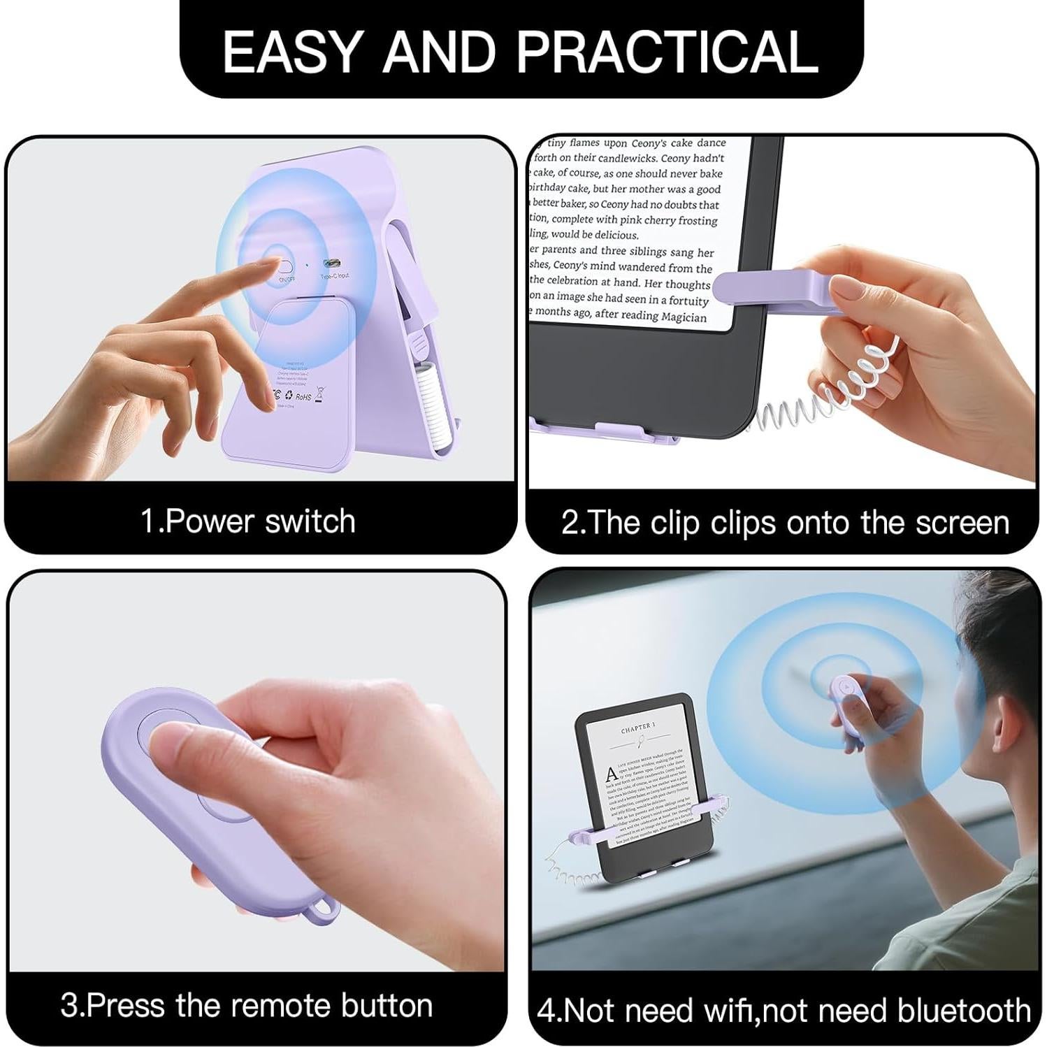 Control Remoto Pasador de Página para Kindle y Soporte Púrpura