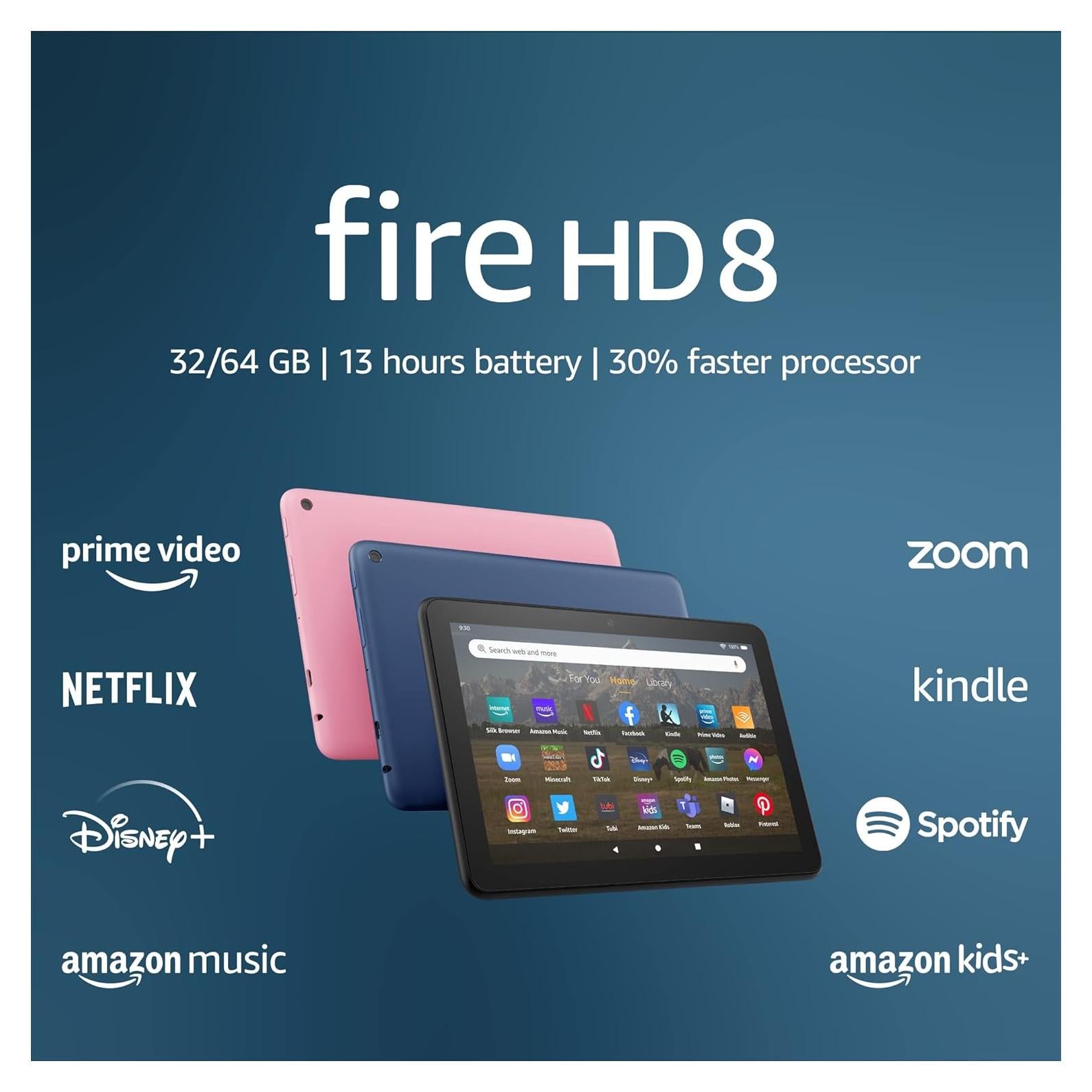Amazon Fire HD 8 tablet, 8” HD Display, 32 GB, 30% faster processor, designed for portable entertainment, (2022 release), Black