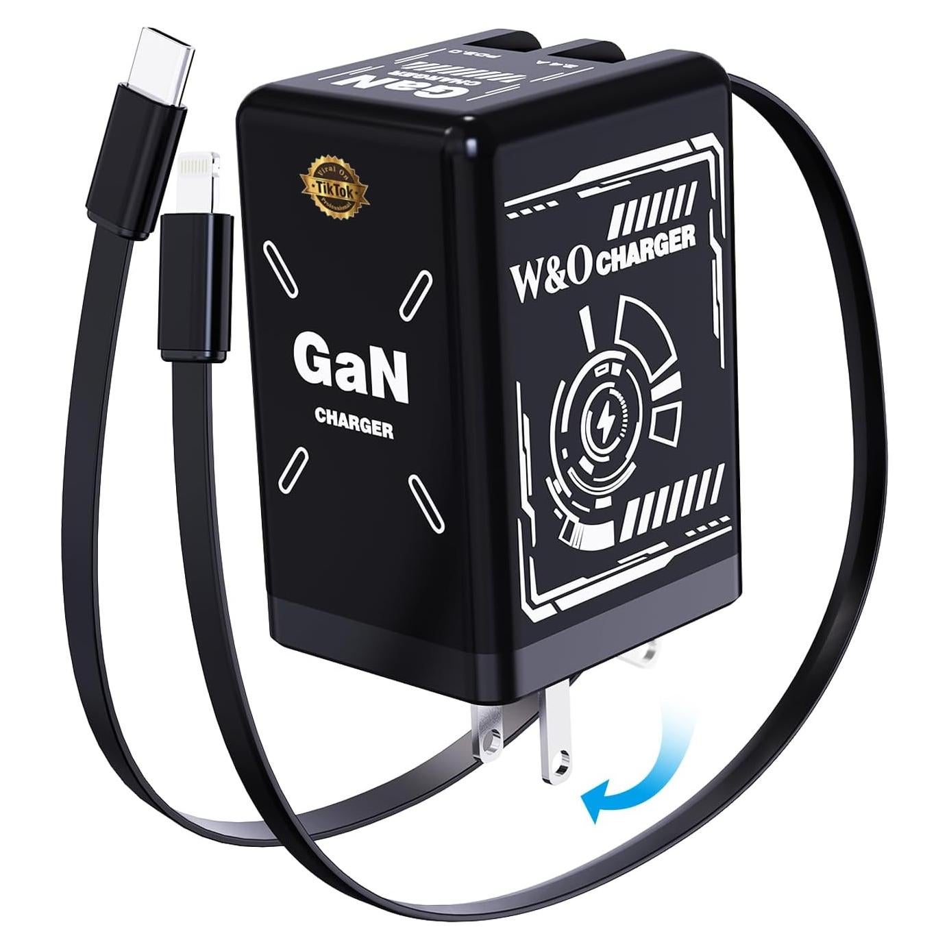 Cargador GaN 45W W & O Retráctil con Cables Tipo-C y Lightning