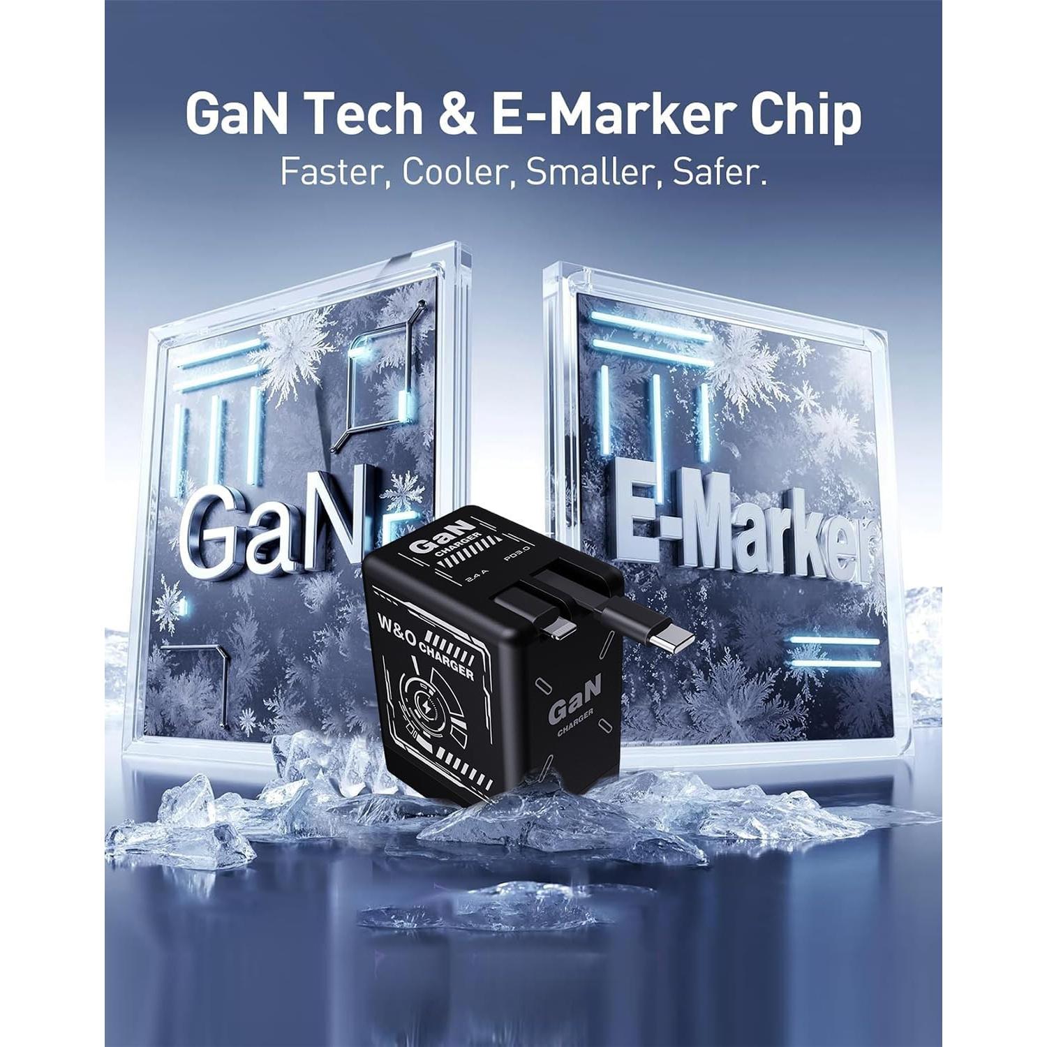 Cargador GaN 45W W & O Retráctil con Cables Tipo-C y Lightning