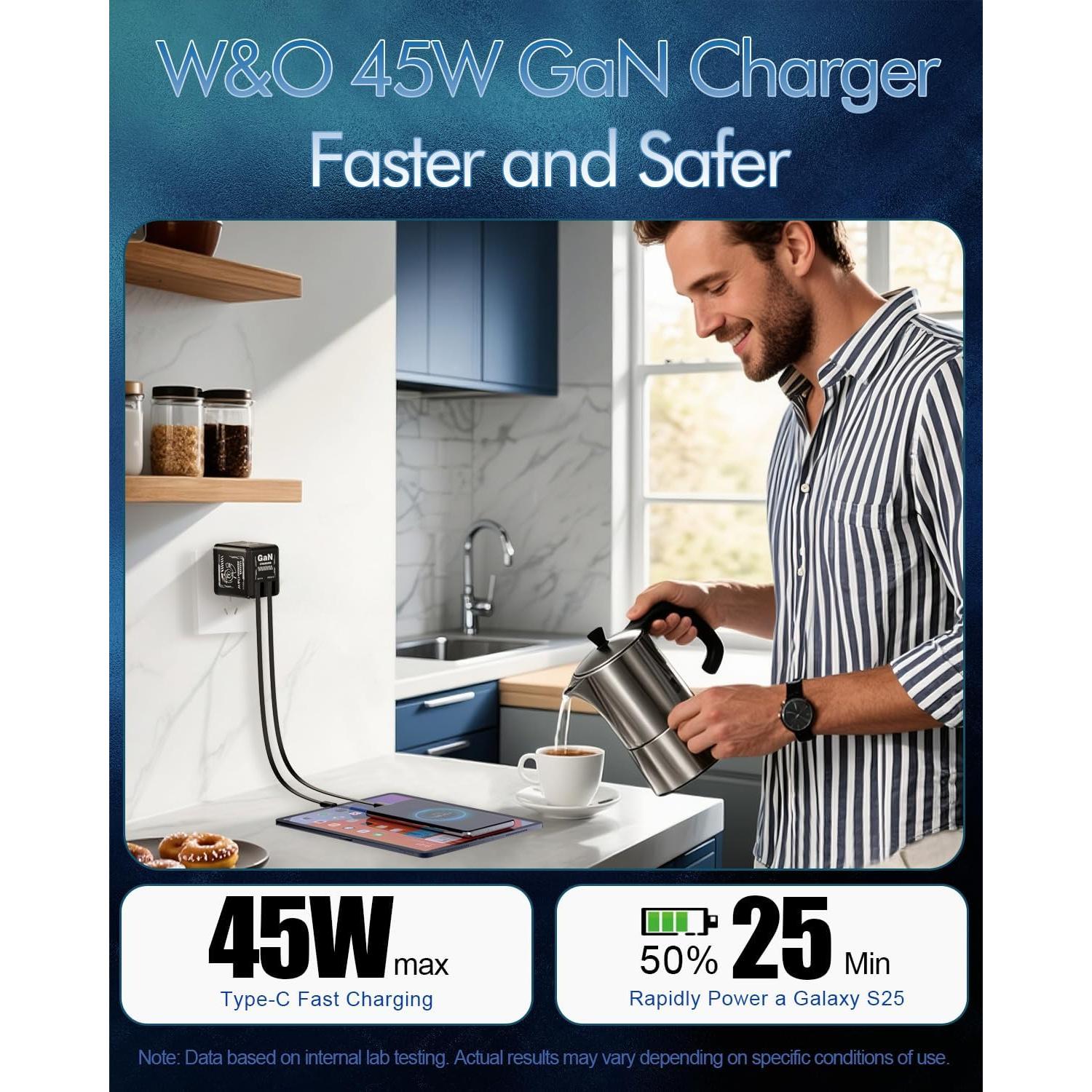Cargador GaN 45W W & O Retráctil con Cables Tipo-C y Lightning