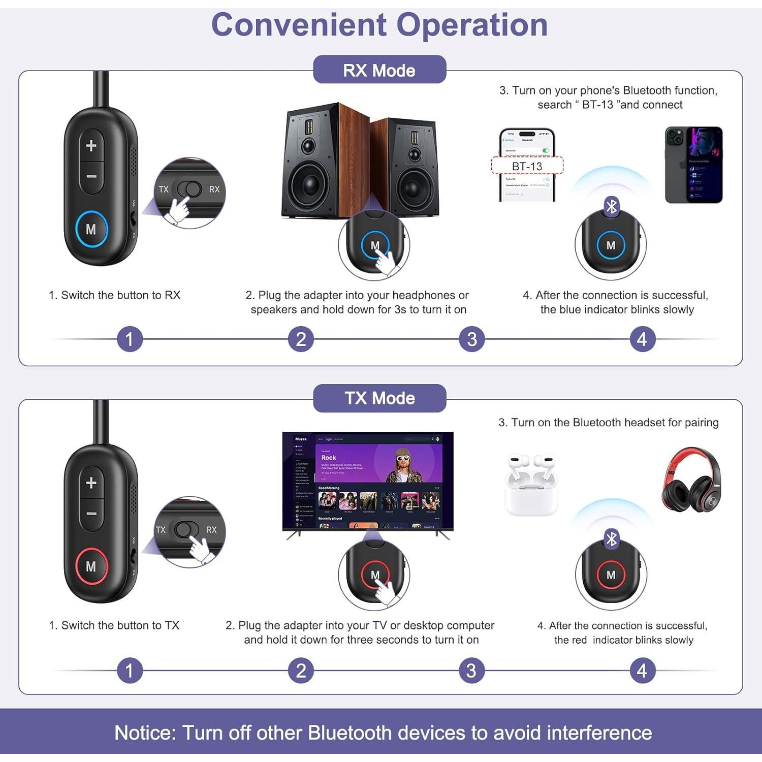 Transmisor Receptor Bluetooth 5.3 JXTZ CP322 2 en 1 Negro