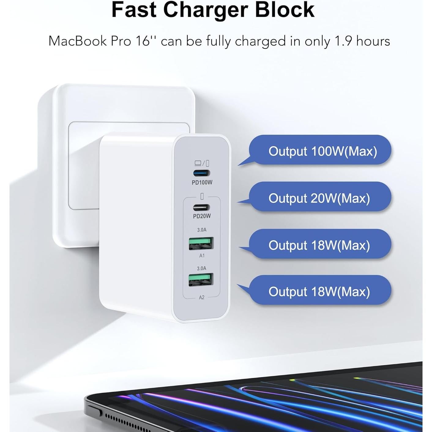 Cargador de Pared USB C BOVICAS 140W 4 Puertos Rápido