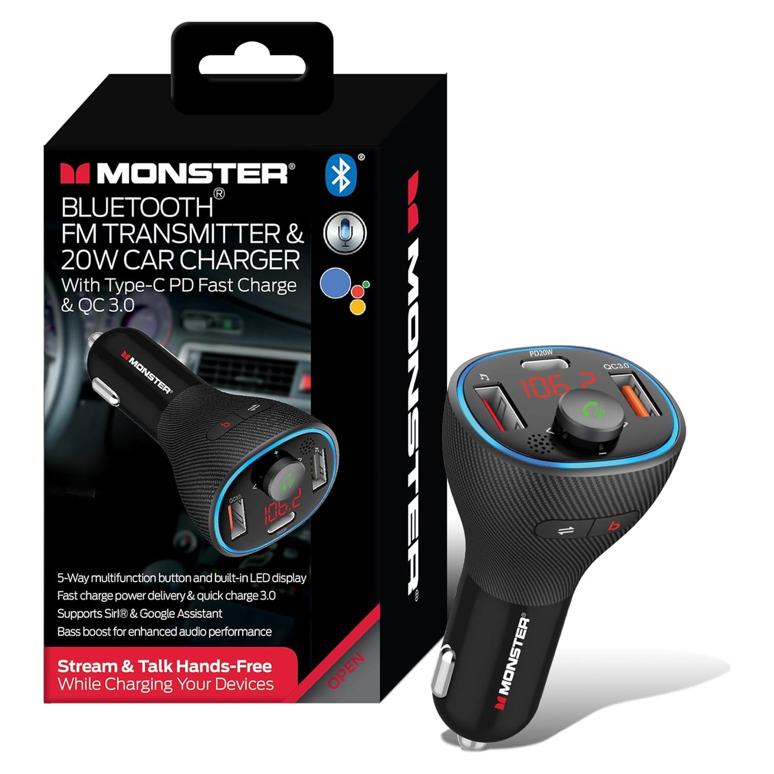 Transmisor FM Bluetooth Monster con Cargador USB 20W y Graves