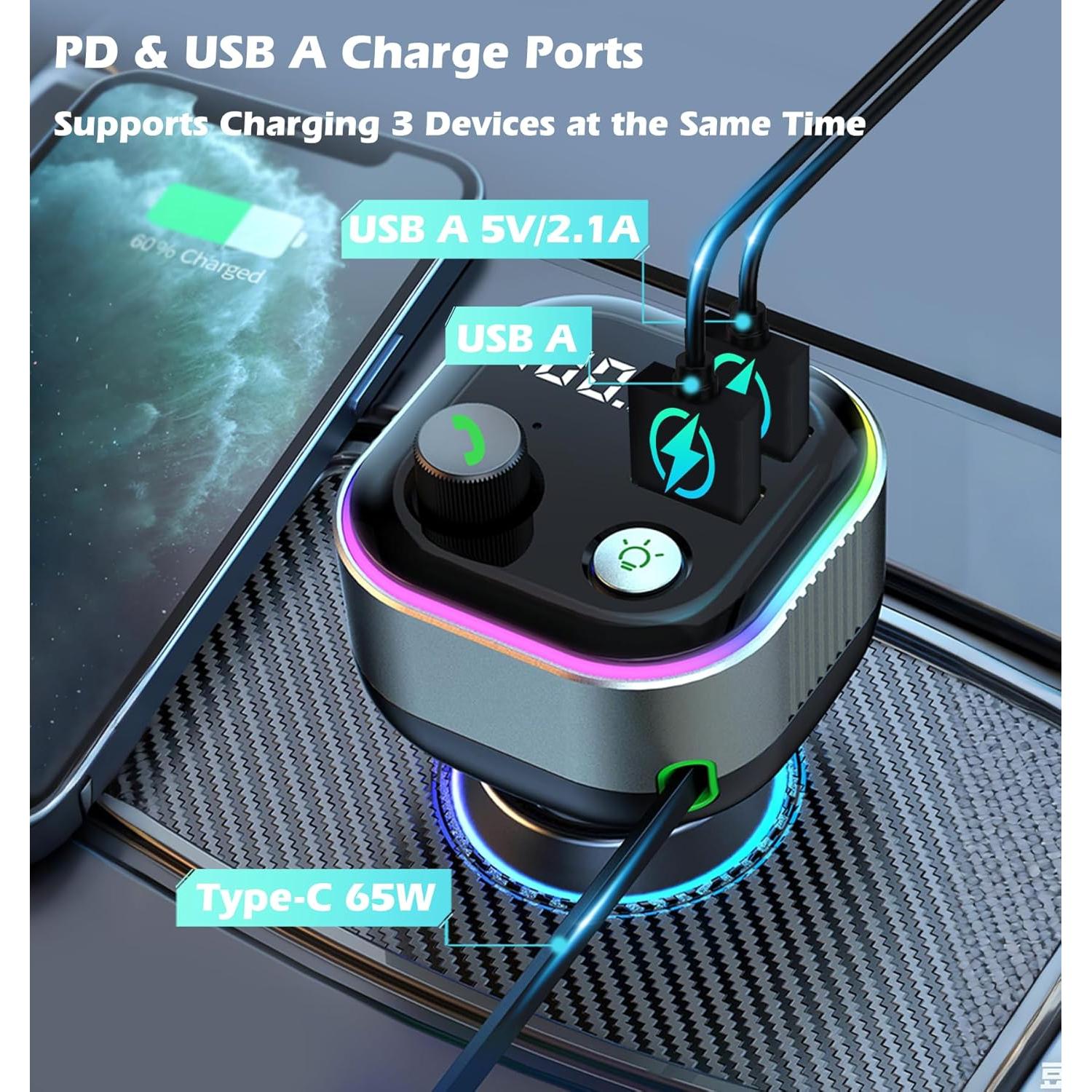 Adaptador Bluetooth 5.4 LIHAN para Coche con Cargador USB C 65W