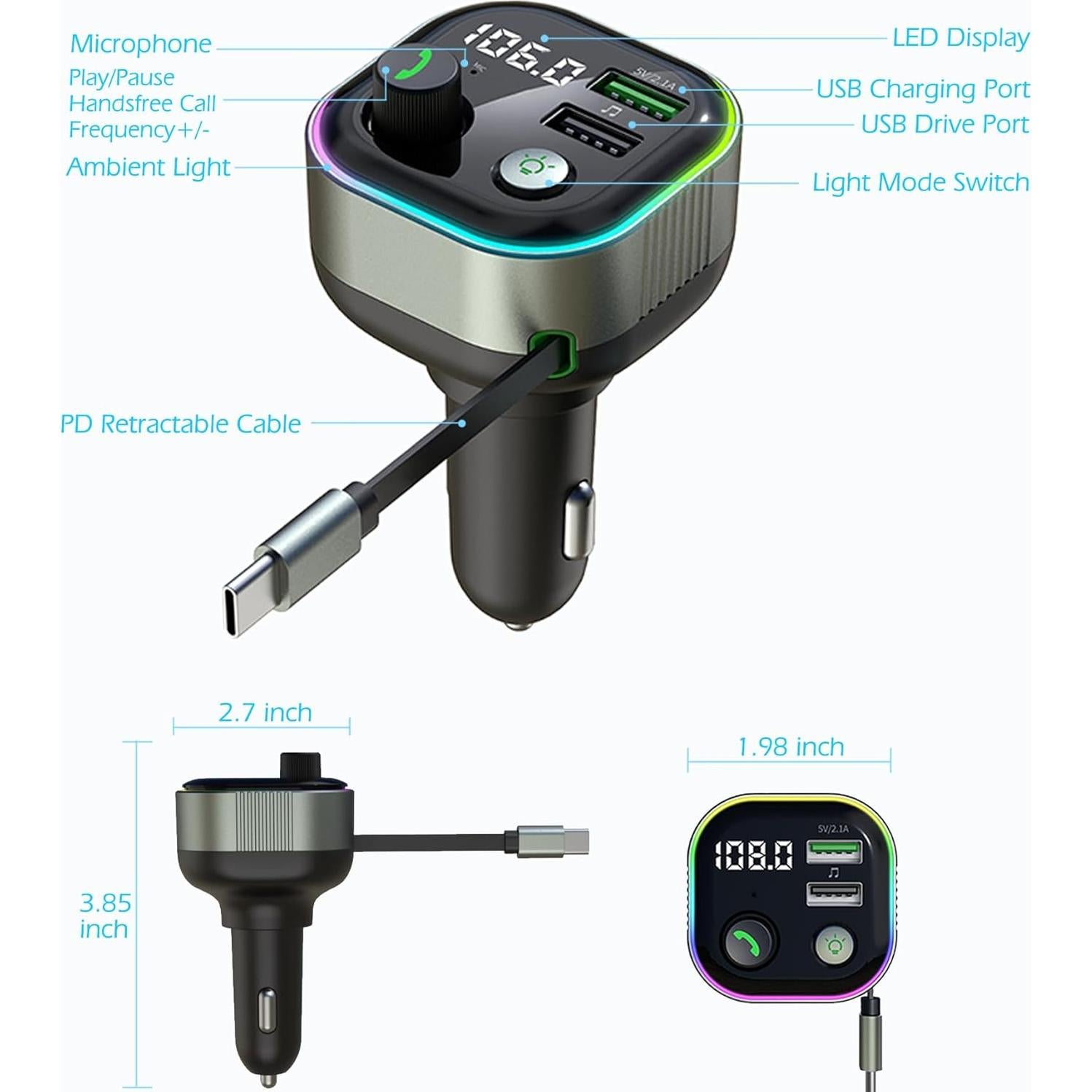 Adaptador Bluetooth 5.4 LIHAN para Coche con Cargador USB C 65W