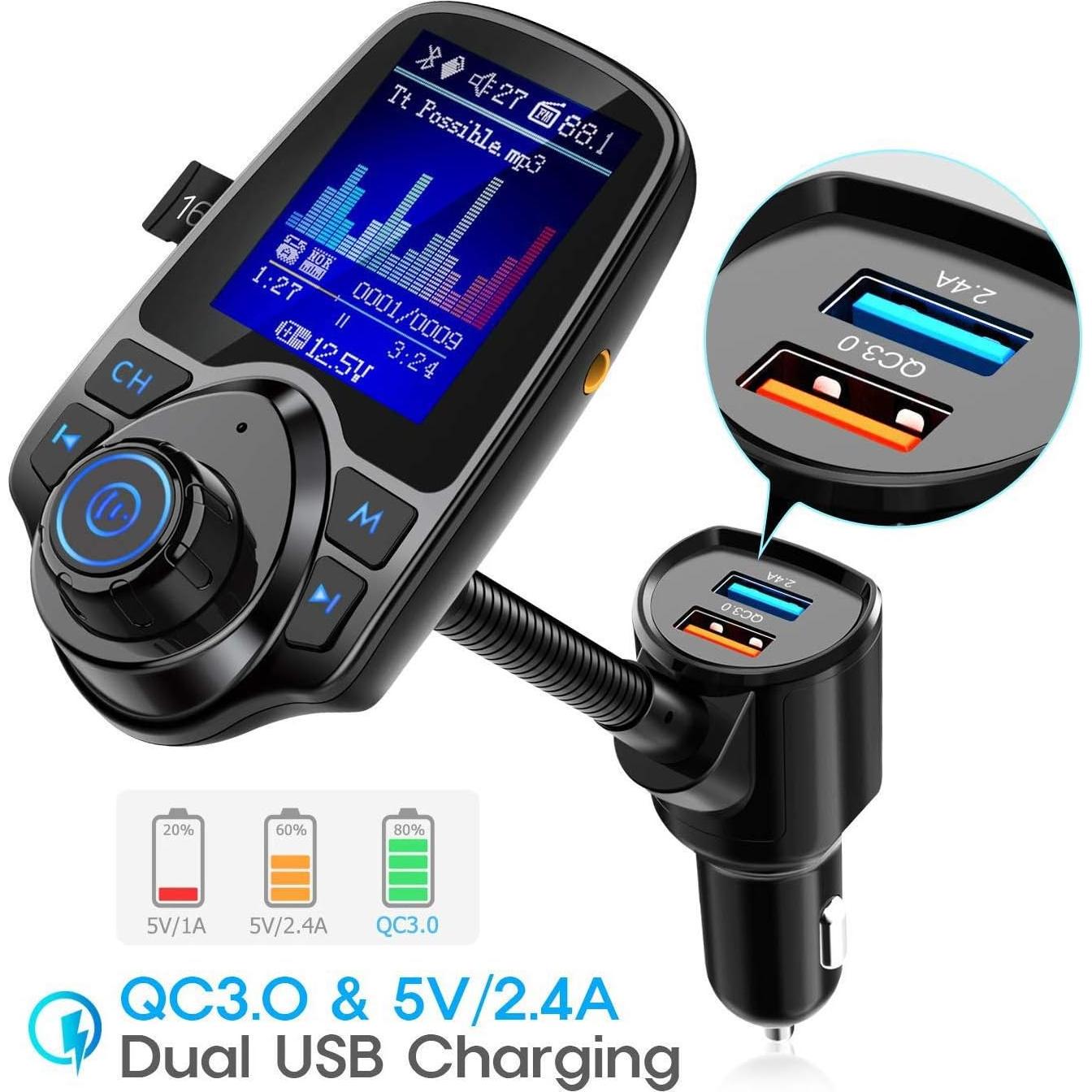 Transmisor FM Bluetooth Nulaxy KM18 con Carga QC3.0 y Pantalla 1.8"