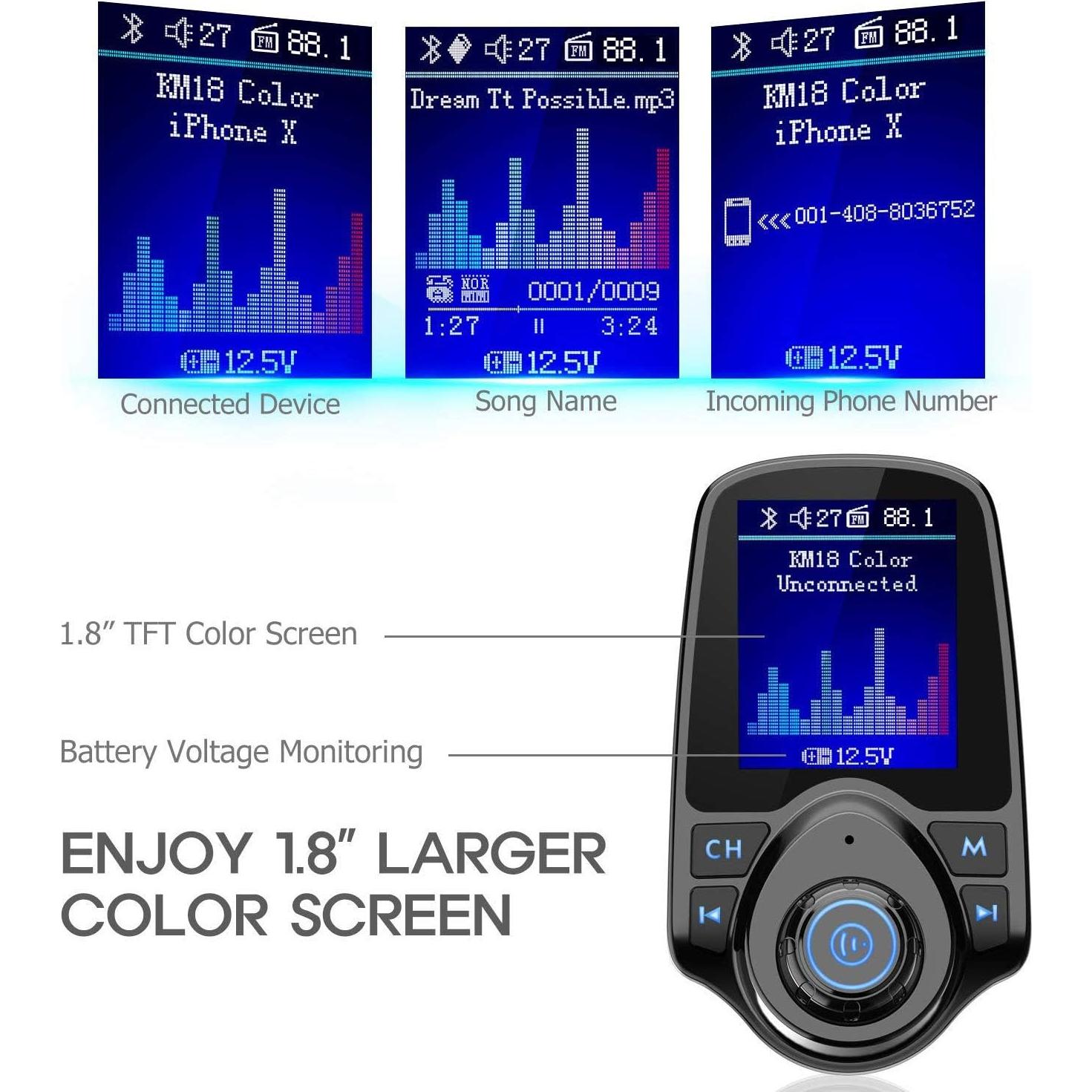 Transmisor FM Bluetooth Nulaxy KM18 con Carga QC3.0 y Pantalla 1.8"