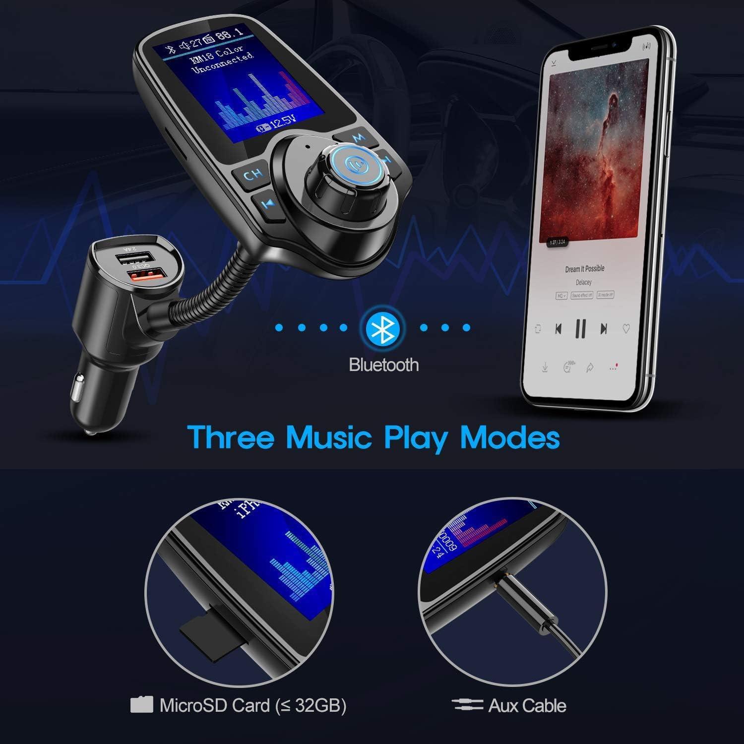 Transmisor FM Bluetooth Nulaxy KM18 con Carga QC3.0 y Pantalla 1.8"