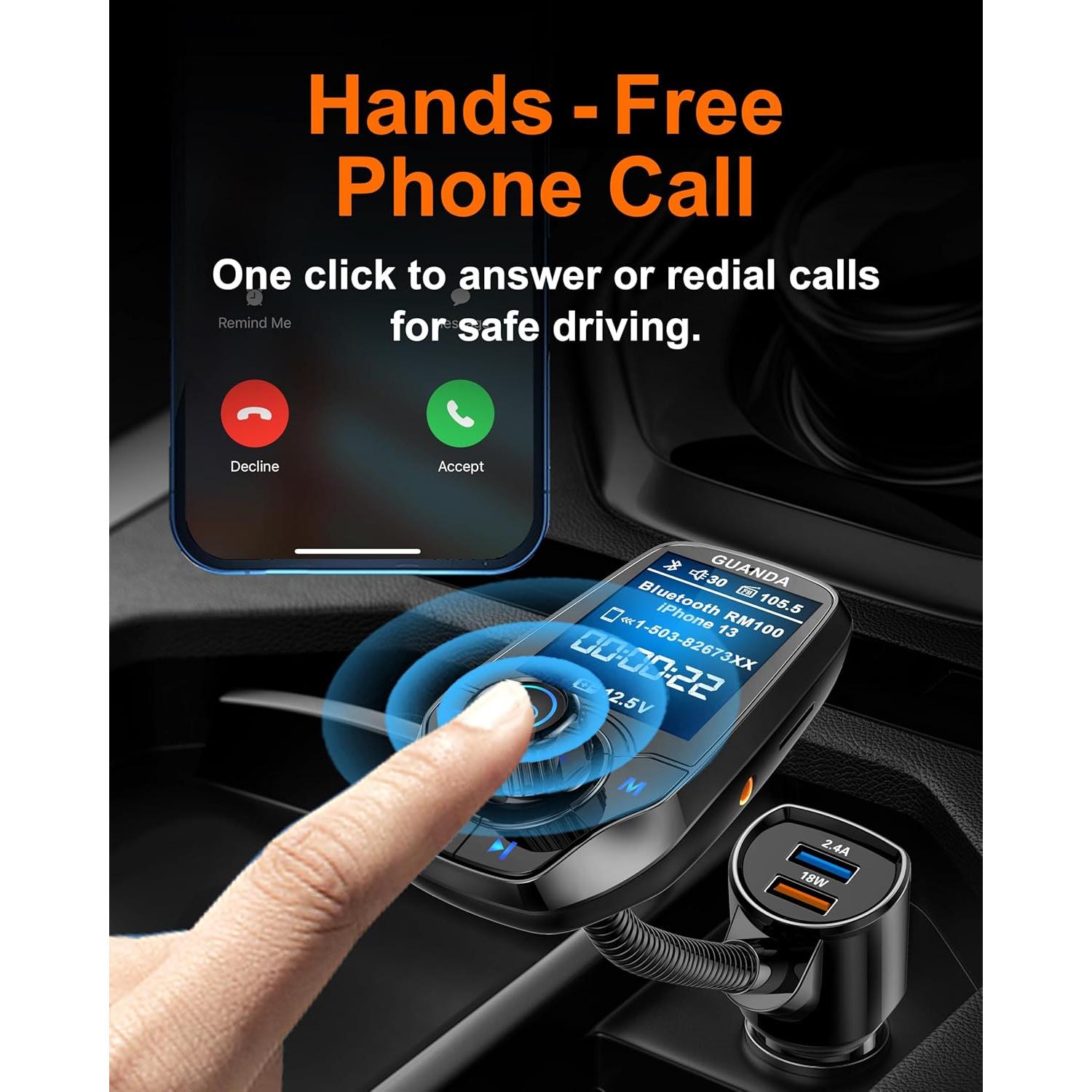 Transmisor FM Bluetooth Guanda RM100 con Carga Rápida 18W