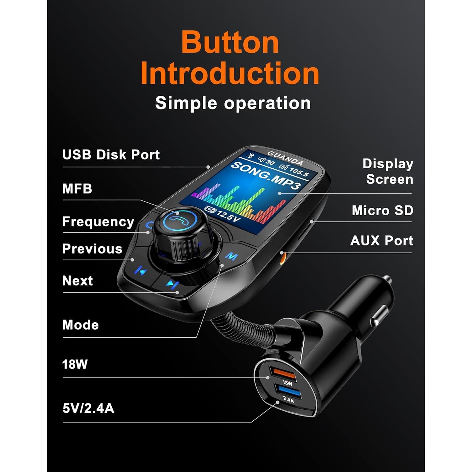 Transmisor FM Bluetooth Guanda RM100 con Carga Rápida 18W