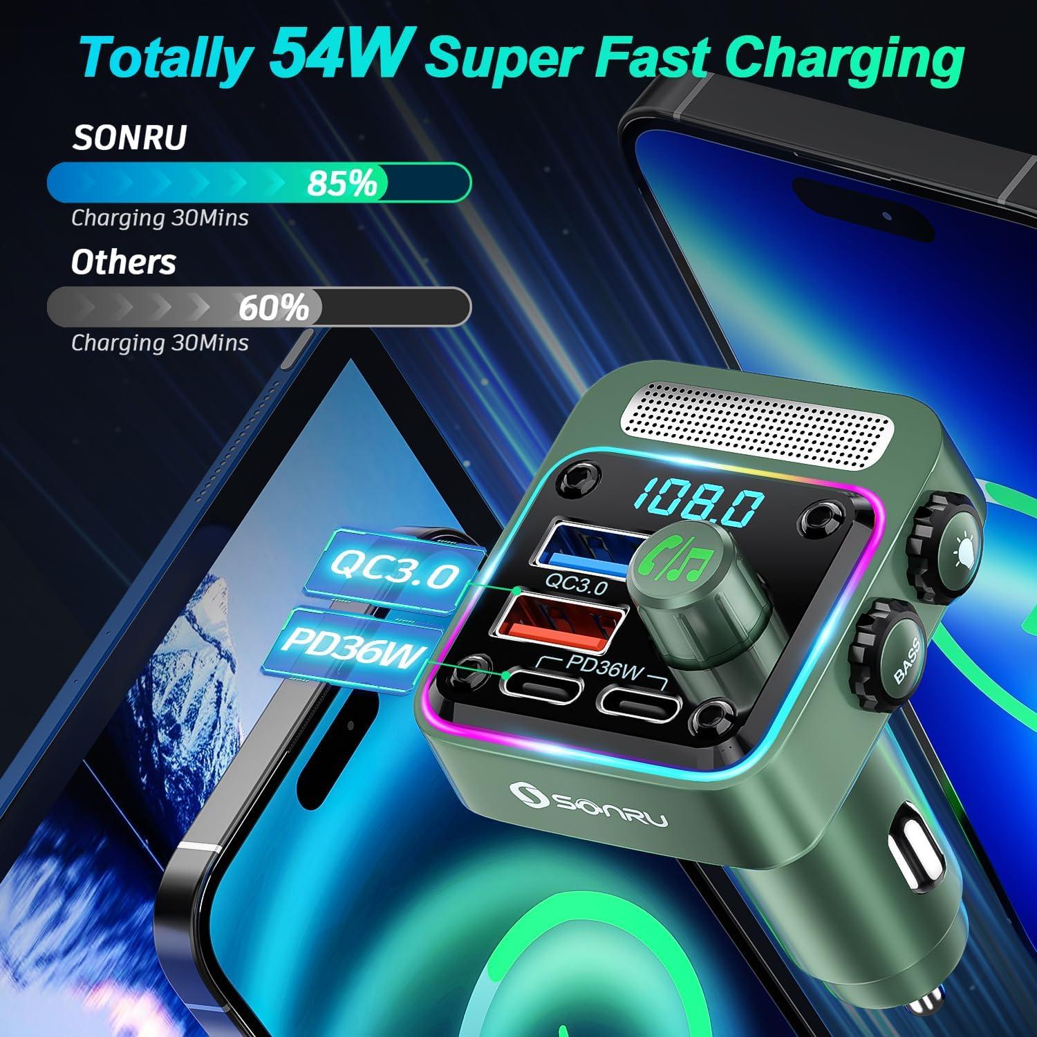 Transmisor FM Bluetooth 5.3 SONRU - Cargador de Coche 54W