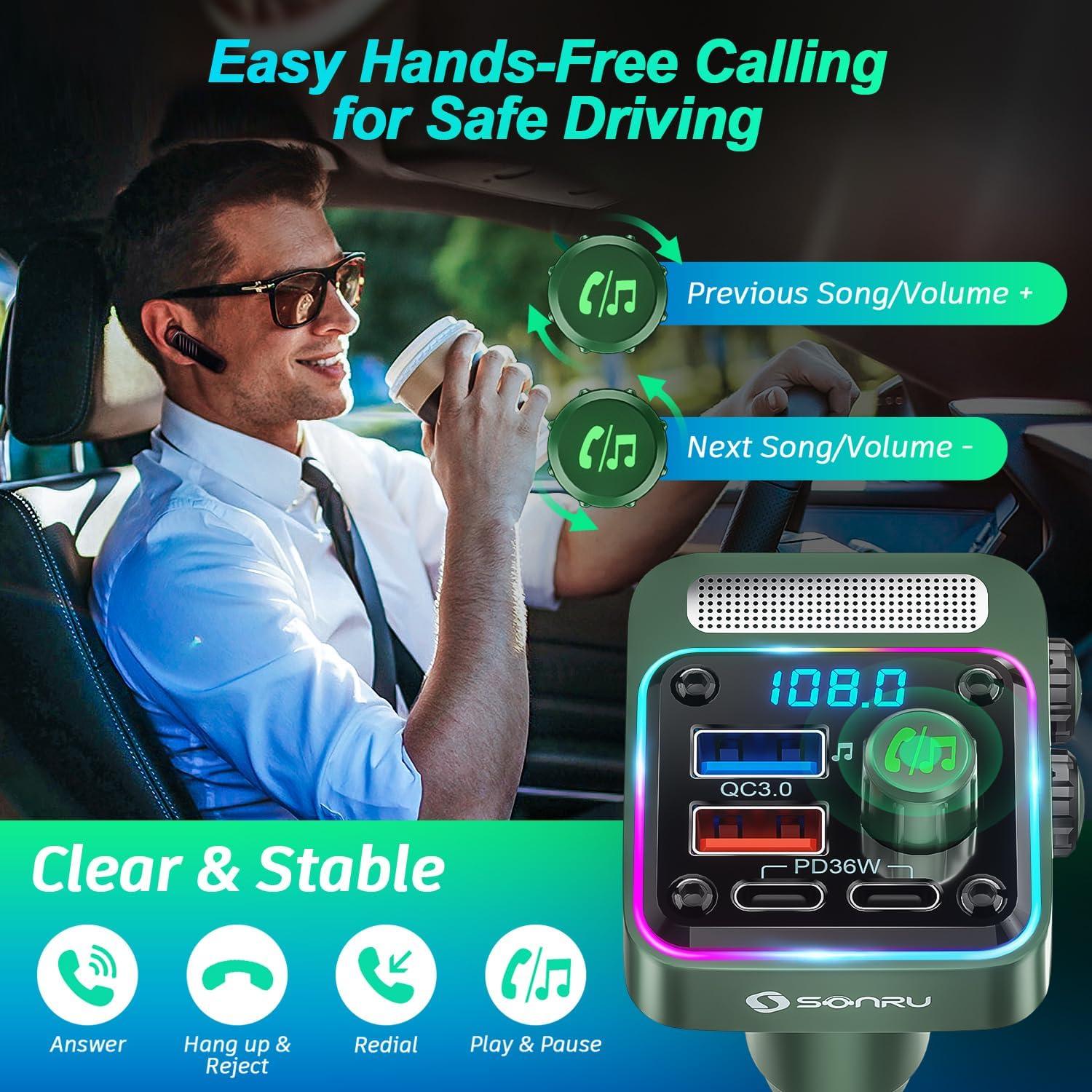 Transmisor FM Bluetooth 5.3 SONRU - Cargador de Coche 54W