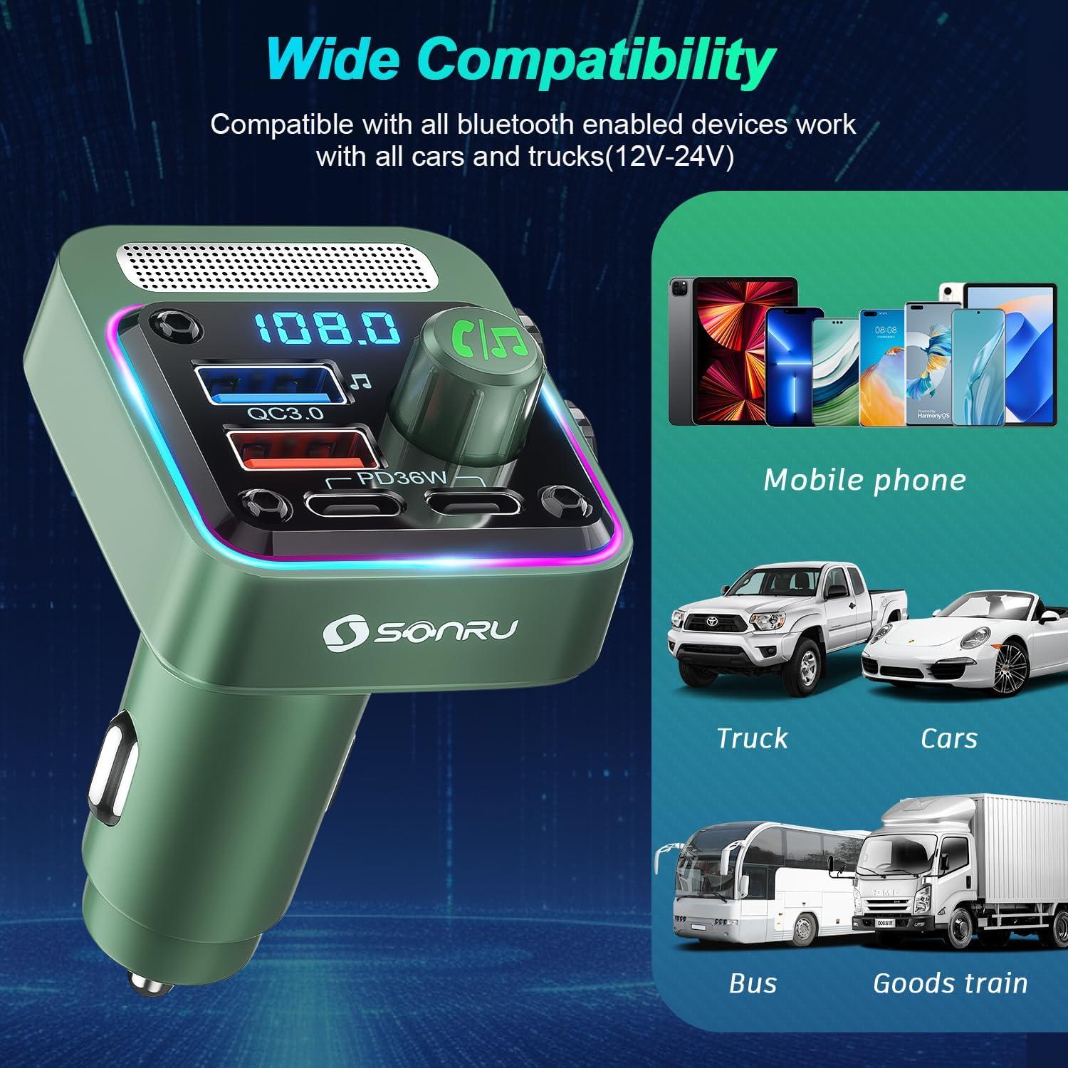 Transmisor FM Bluetooth 5.3 SONRU - Cargador de Coche 54W