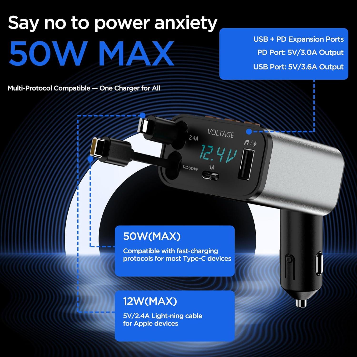 Adaptador de Coche Bluetooth 5.3 Retráctil 5 en 1 con Cargador USB PD