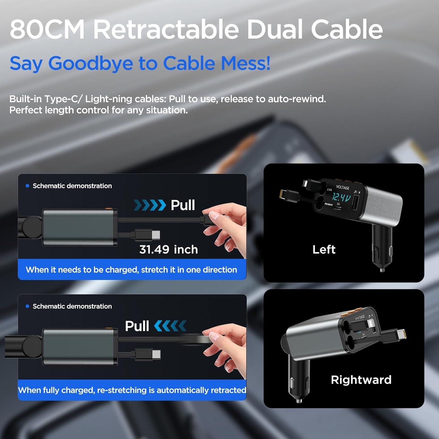 Adaptador de Coche Bluetooth 5.3 Retráctil 5 en 1 con Cargador USB PD