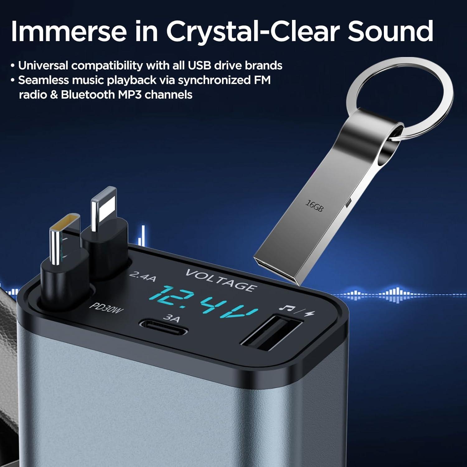 Adaptador de Coche Bluetooth 5.3 Retráctil 5 en 1 con Cargador USB PD