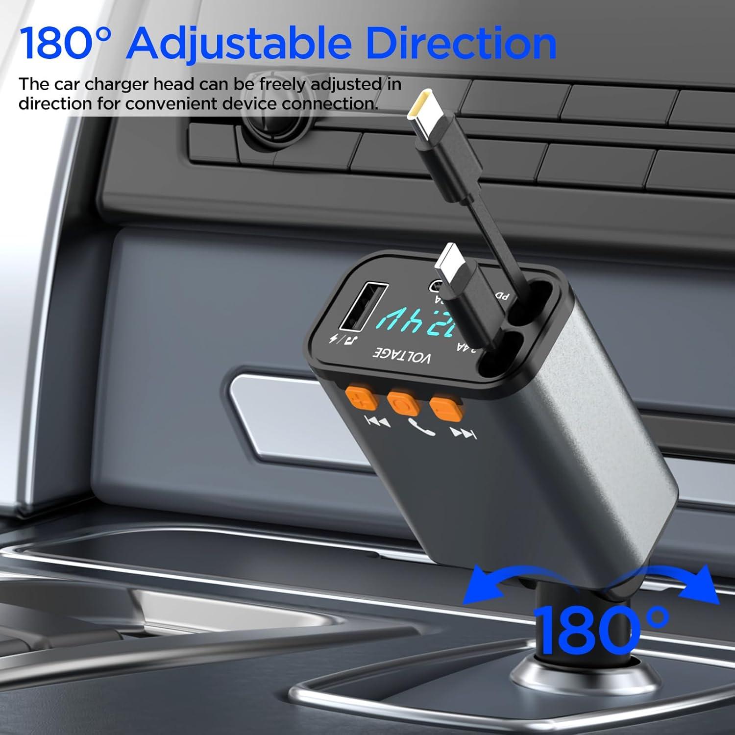 Adaptador de Coche Bluetooth 5.3 Retráctil 5 en 1 con Cargador USB PD