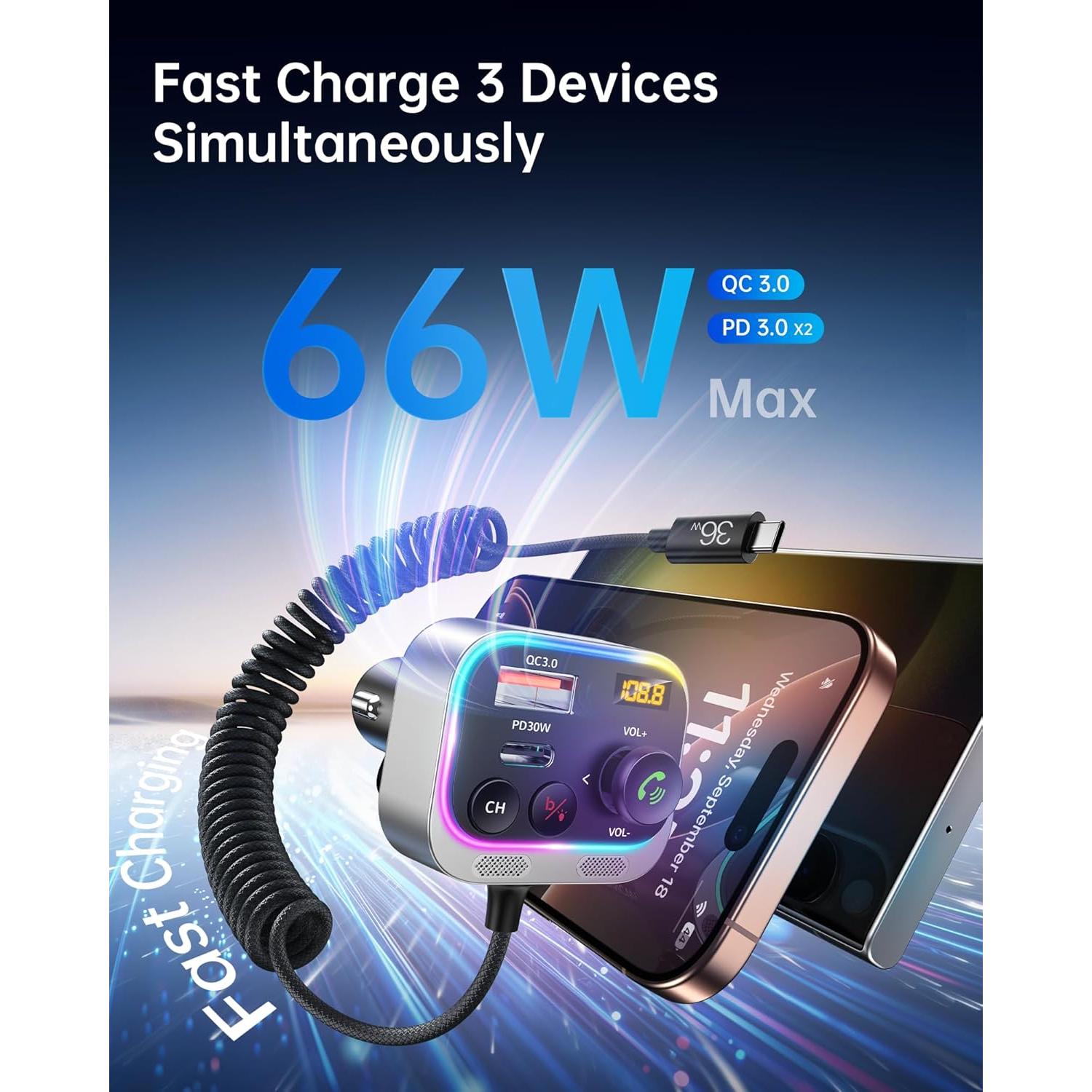 Transmisor FM Bluetooth 5.4 Syncwire 66W Carga Rápida USB-C