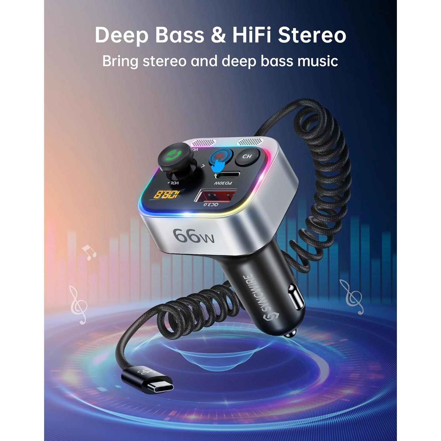 Transmisor FM Bluetooth 5.4 Syncwire 66W Carga Rápida USB-C