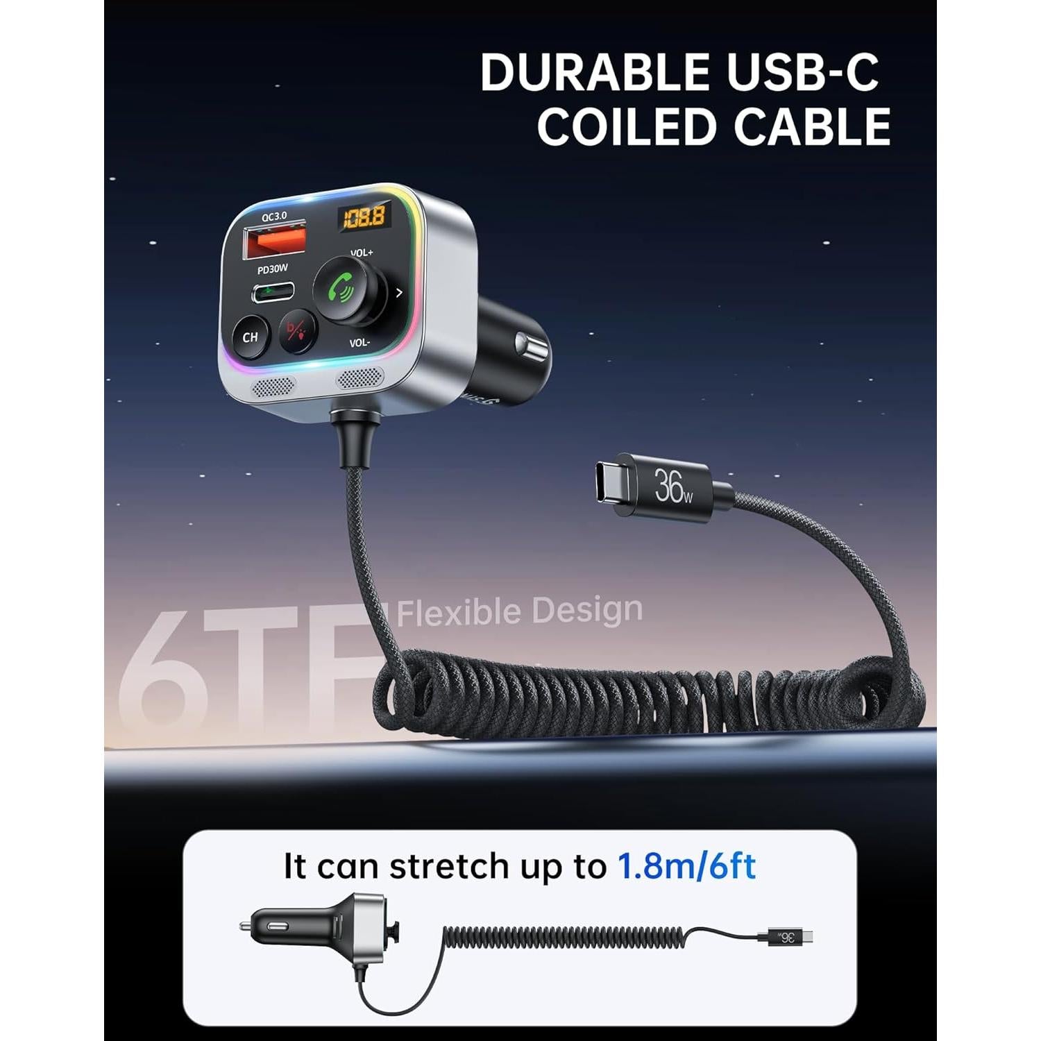 Transmisor FM Bluetooth 5.4 Syncwire 66W Carga Rápida USB-C