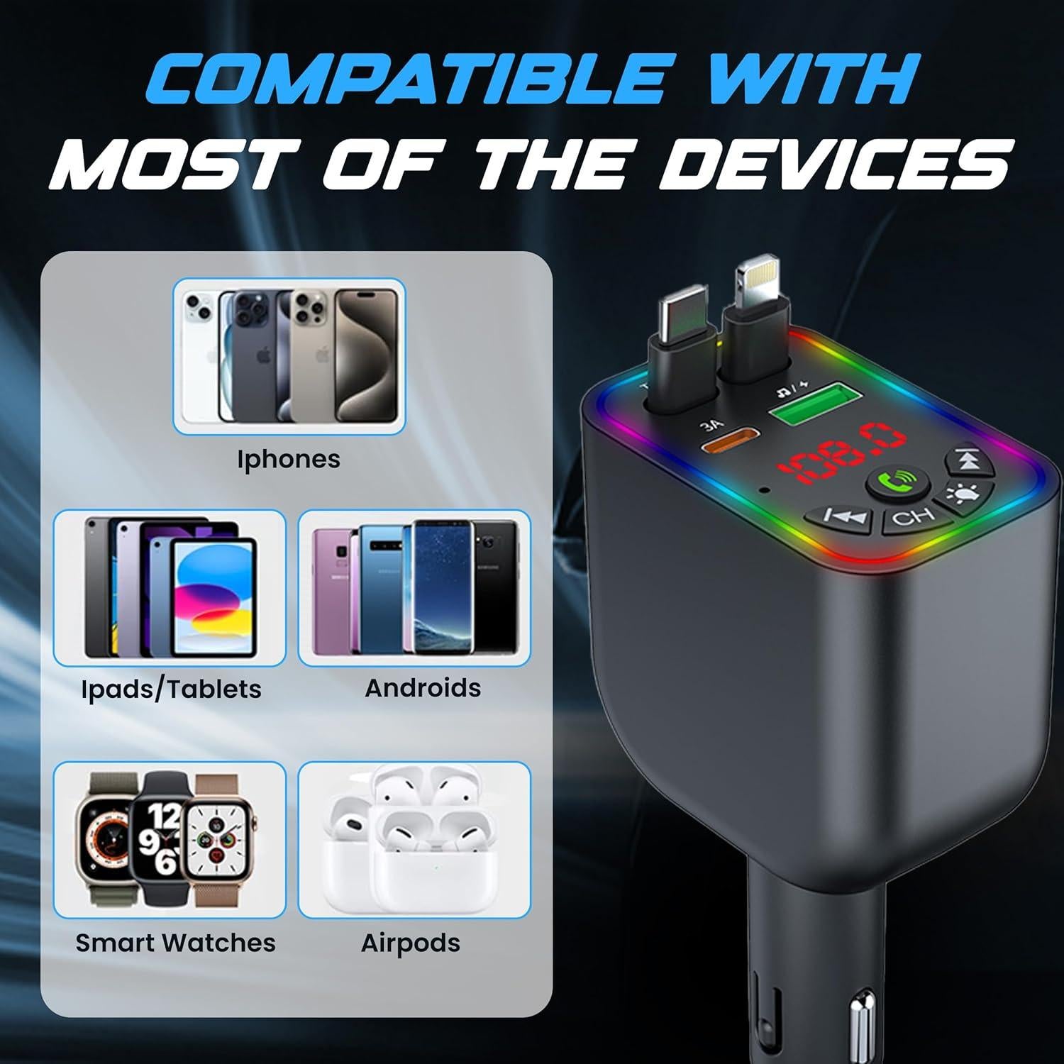 Transmisor FM Bluetooth 5.3 ChargeDaddy 120W con Carga Dual