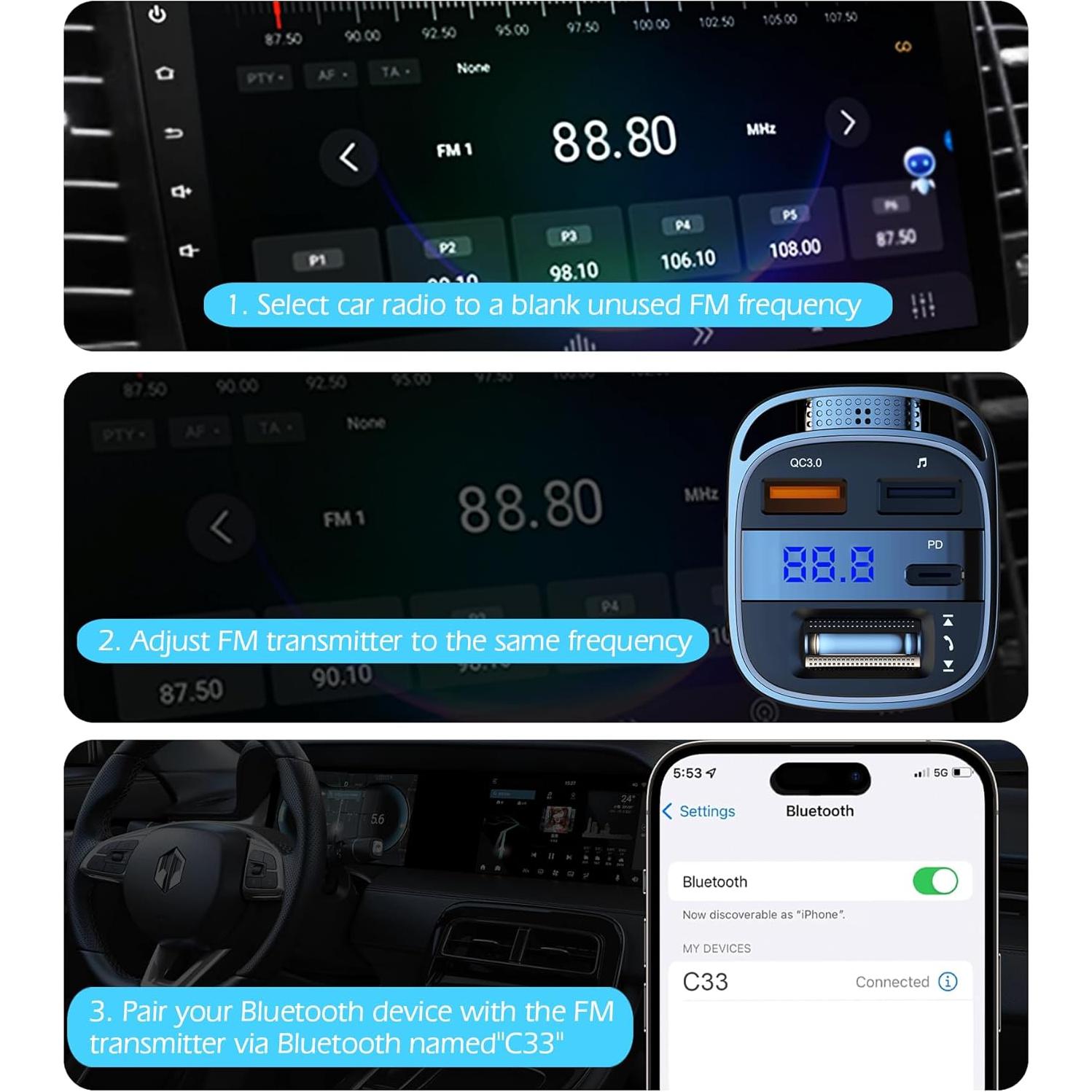 Transmisor FM Bluetooth 5.4 Cargador USB 54W Manos Libres