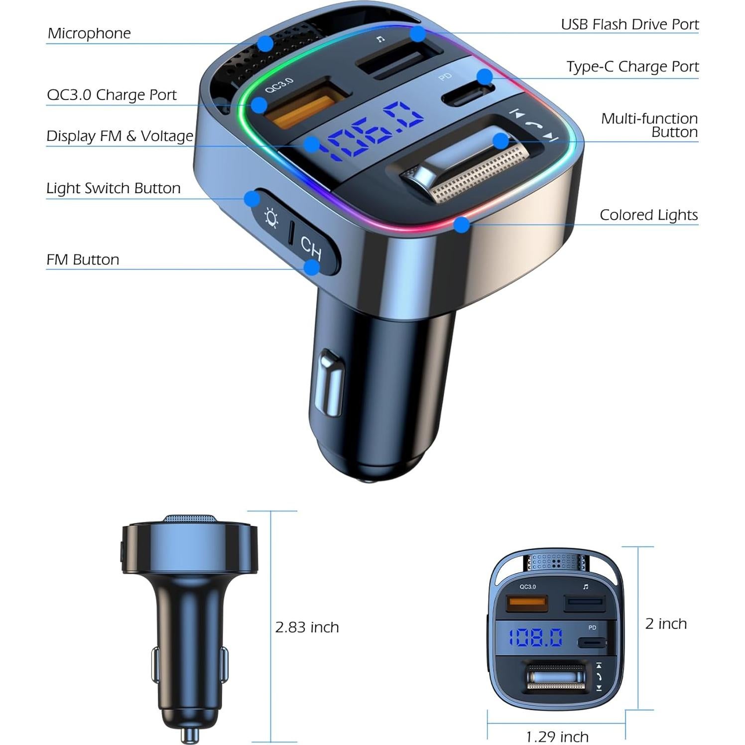 Transmisor FM Bluetooth 5.4 Cargador USB 54W Manos Libres