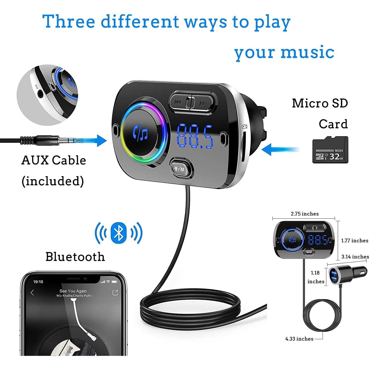 Transmisor FM Bluetooth 5.0 Arestech con Carga Rápida QC 3.0