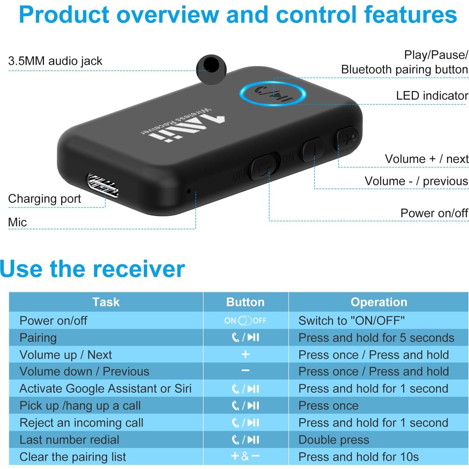 Receptor Bluetooth 1Mii ML100 para Auto y Casa, 16H Batería