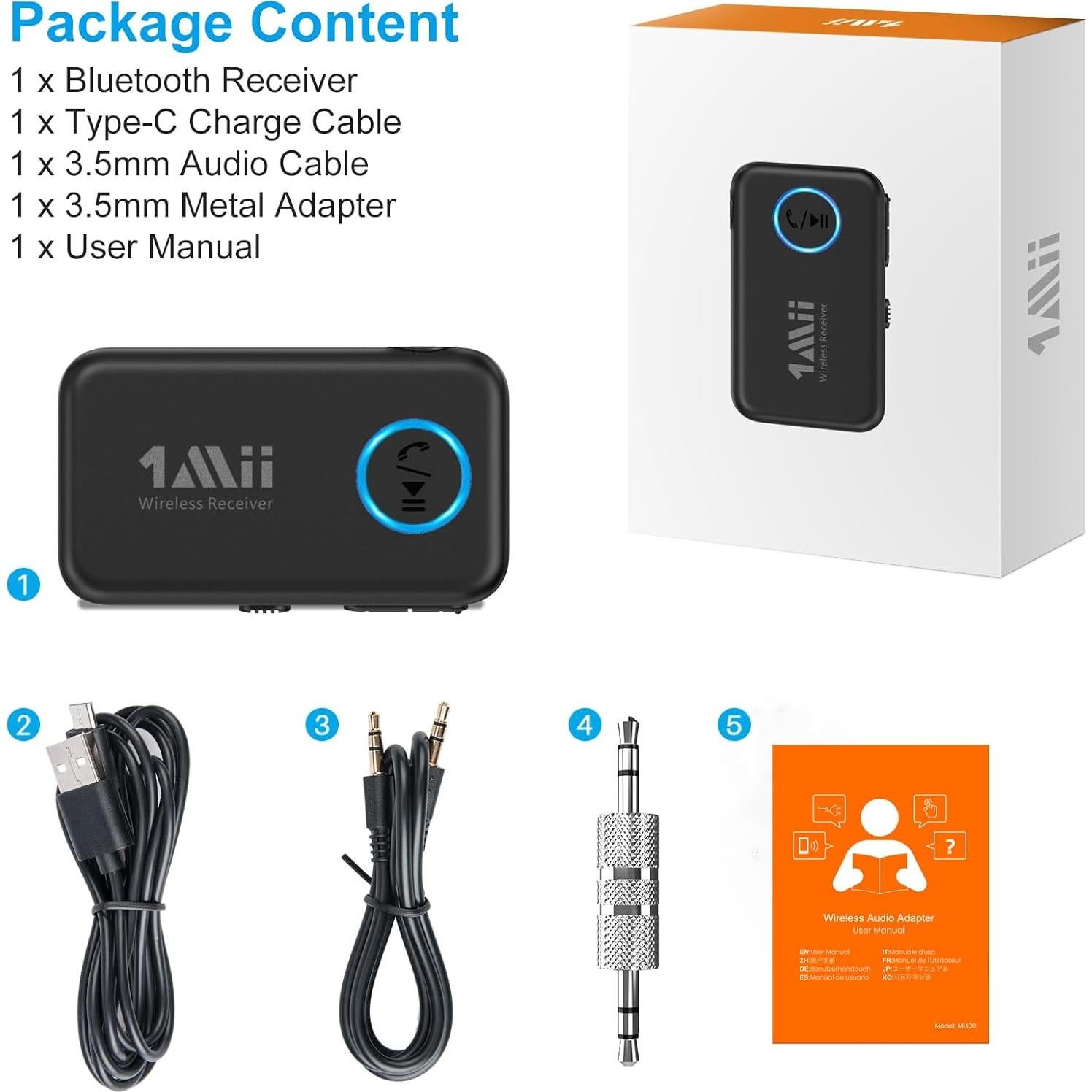 Receptor Bluetooth 1Mii ML100 para Auto y Casa, 16H Batería