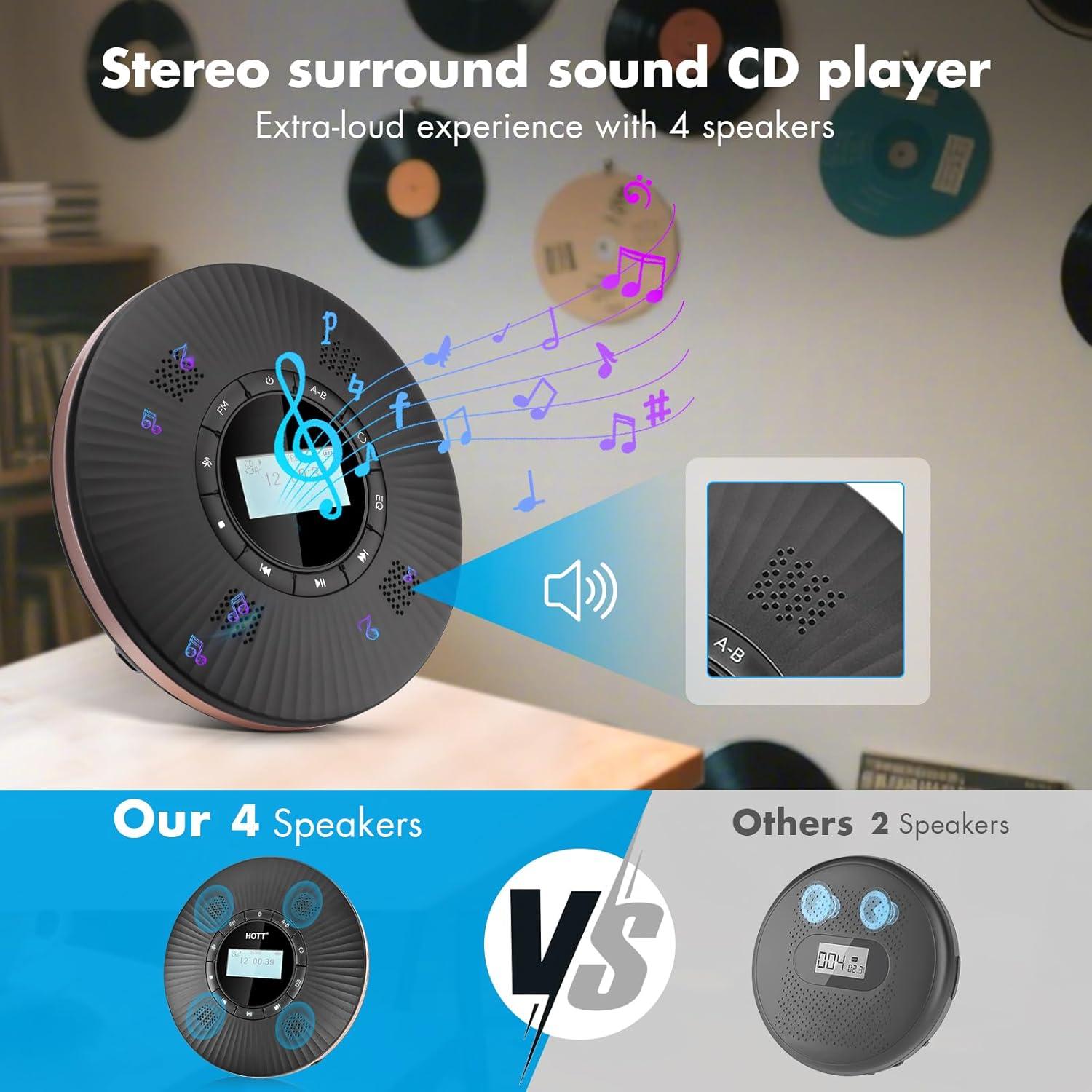 Reproductor de CD Portátil HOTT C228 Bluetooth 5.3 4 Altavoces