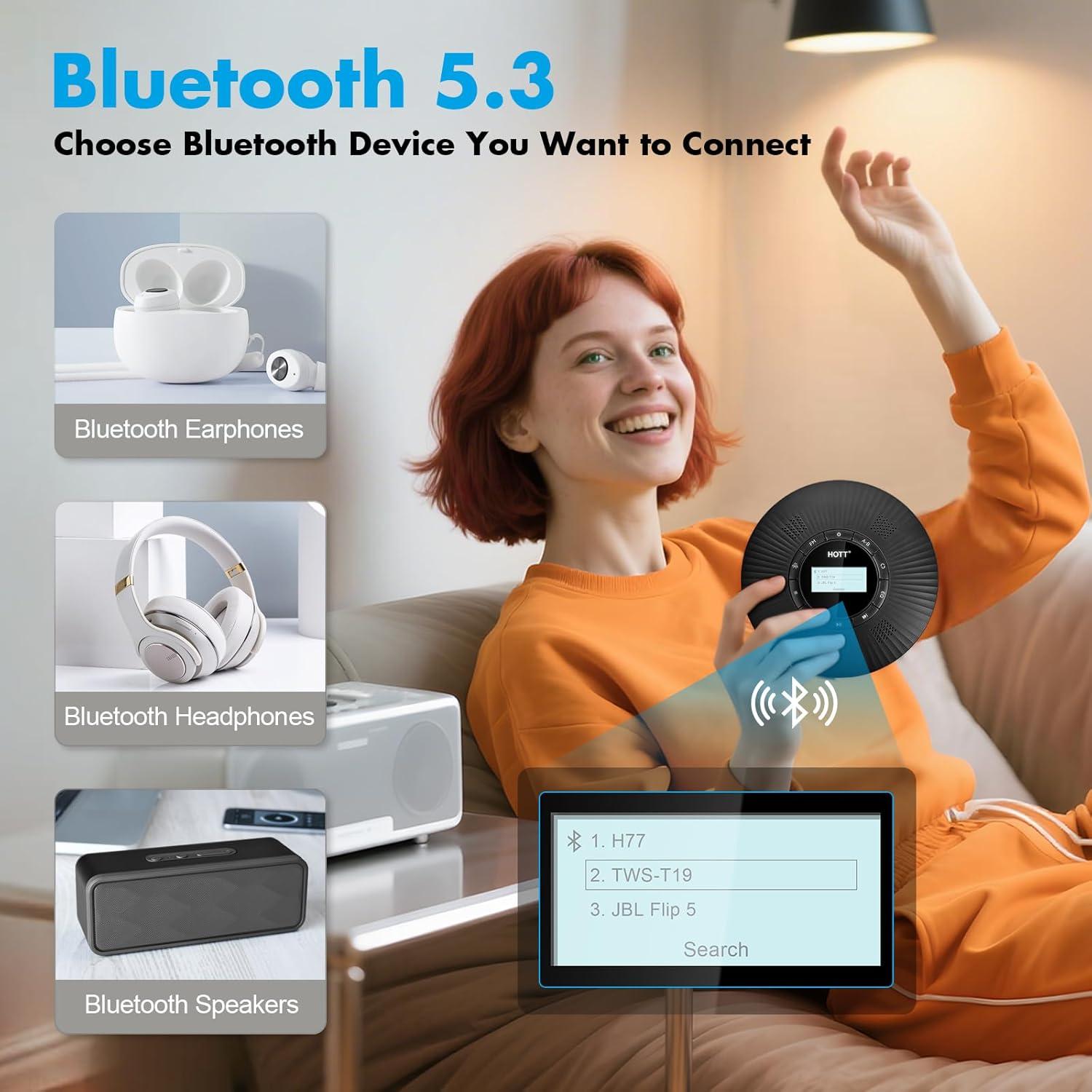 Reproductor de CD Portátil HOTT C228 Bluetooth 5.3 4 Altavoces