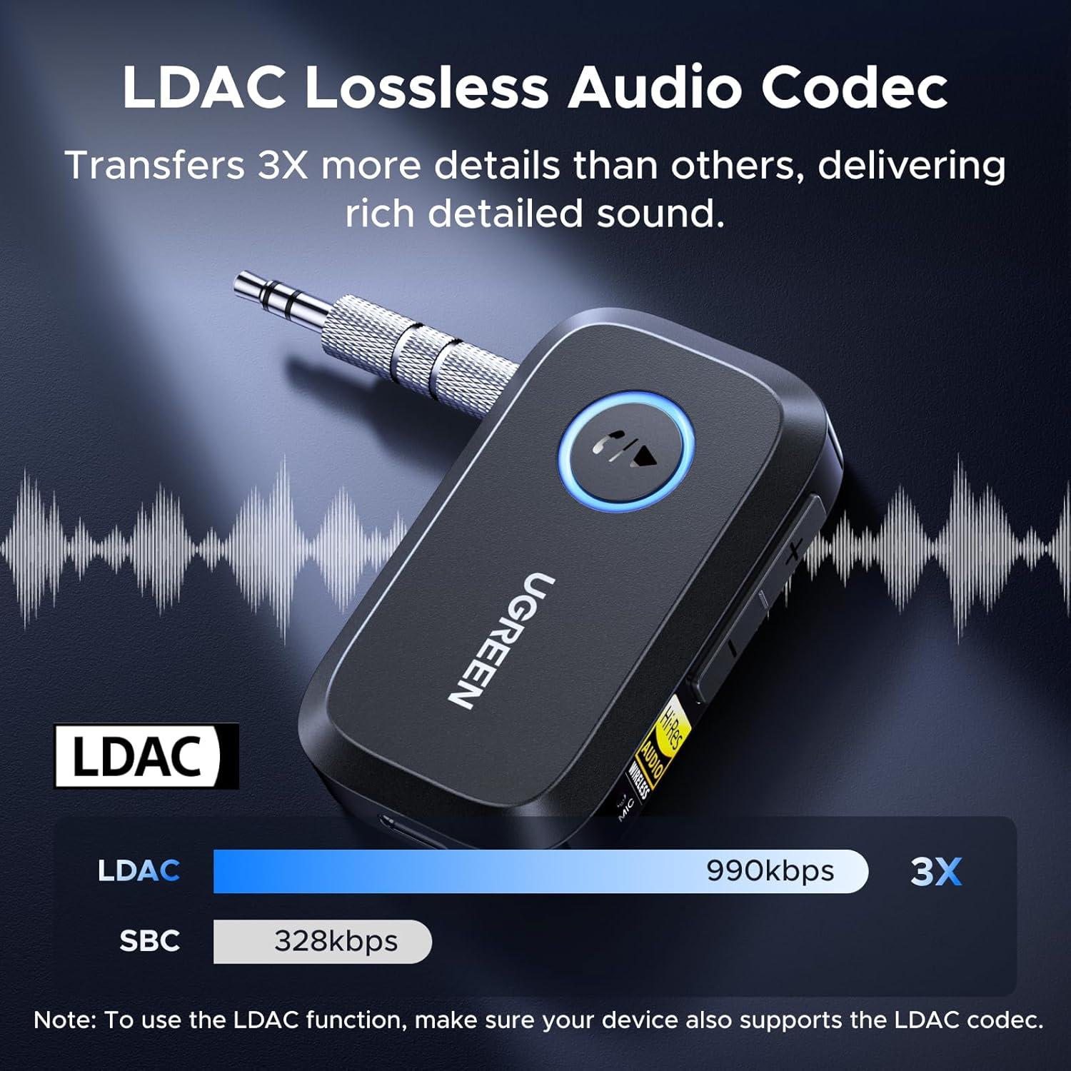 Receptor Bluetooth 6.0 UGREEN con LDAC y 17H de batería