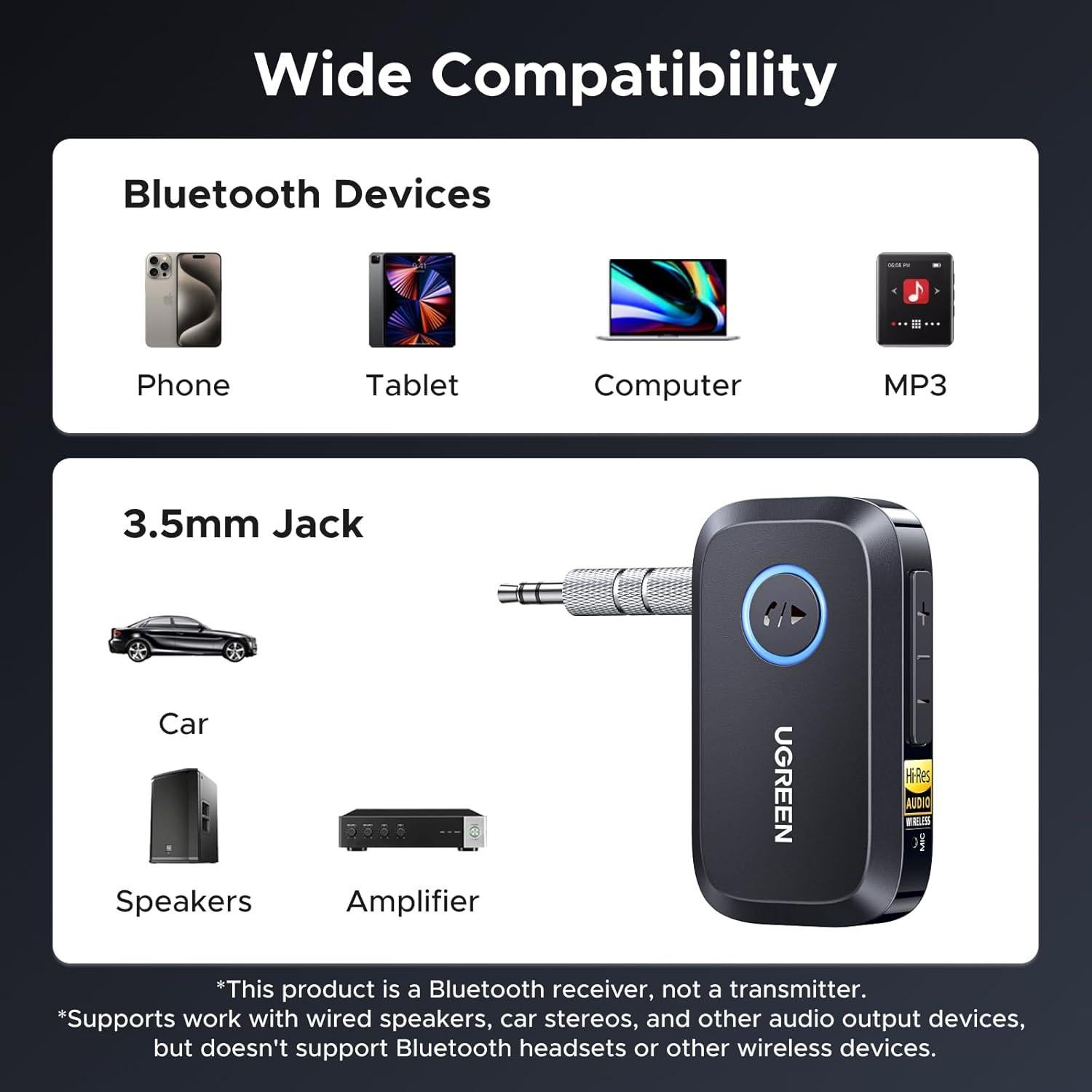 Receptor Bluetooth 6.0 UGREEN con LDAC y 17H de batería