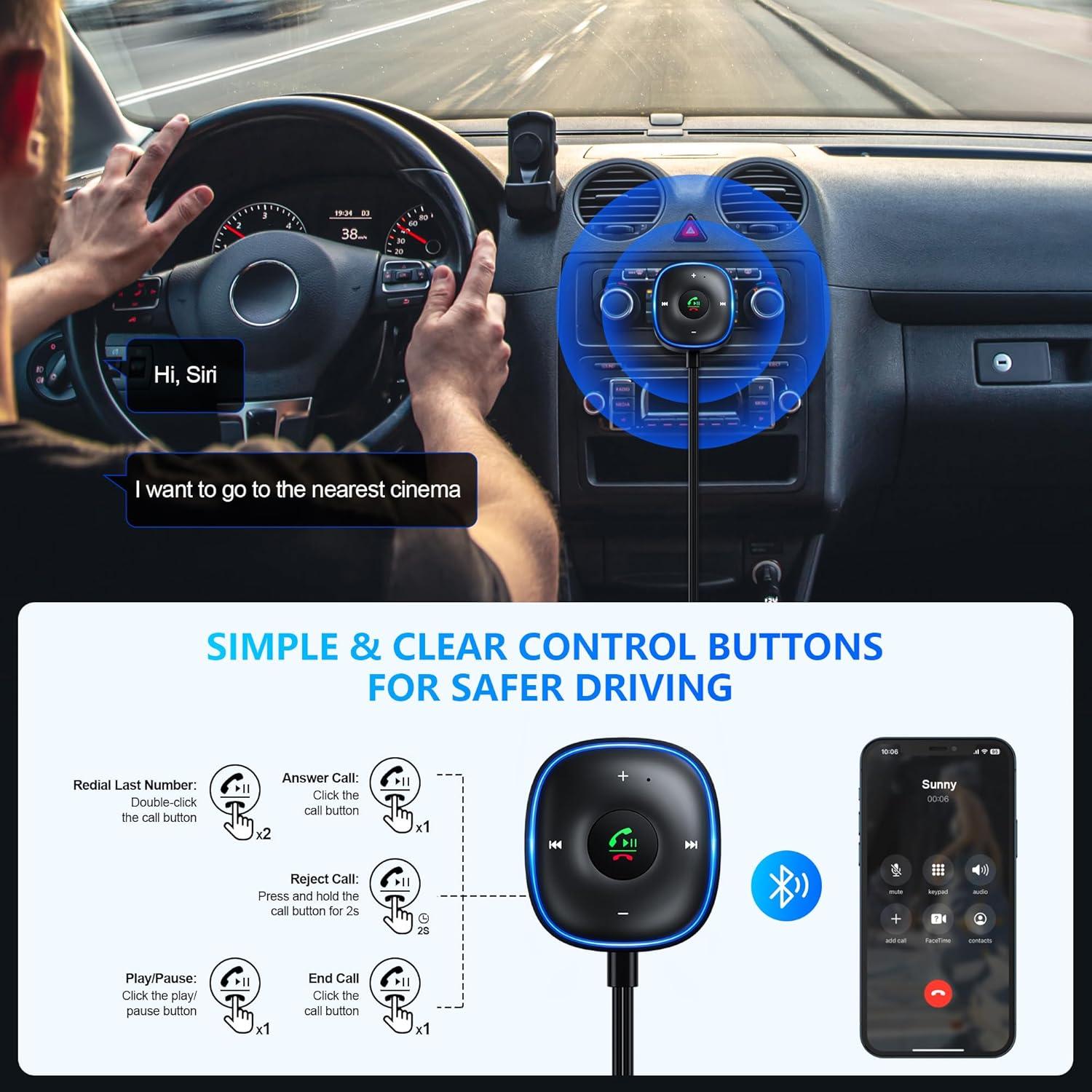 Adaptador Bluetooth 5.3 SONRU para Coche - Audio Estéreo y Manos Libres