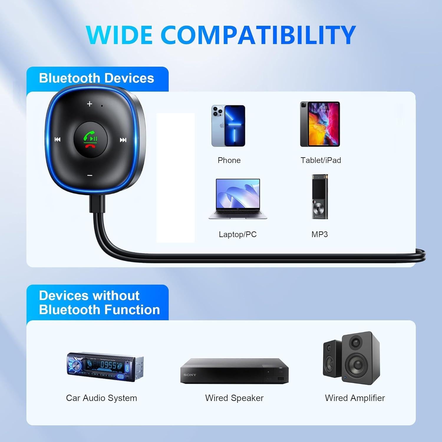 Adaptador Bluetooth 5.3 SONRU para Coche - Audio Estéreo y Manos Libres