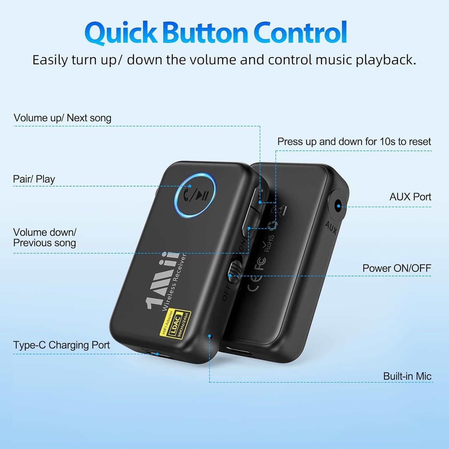 Adaptador Aux Bluetooth 1Mii ML100Pro 5.3 con Control de Volumen