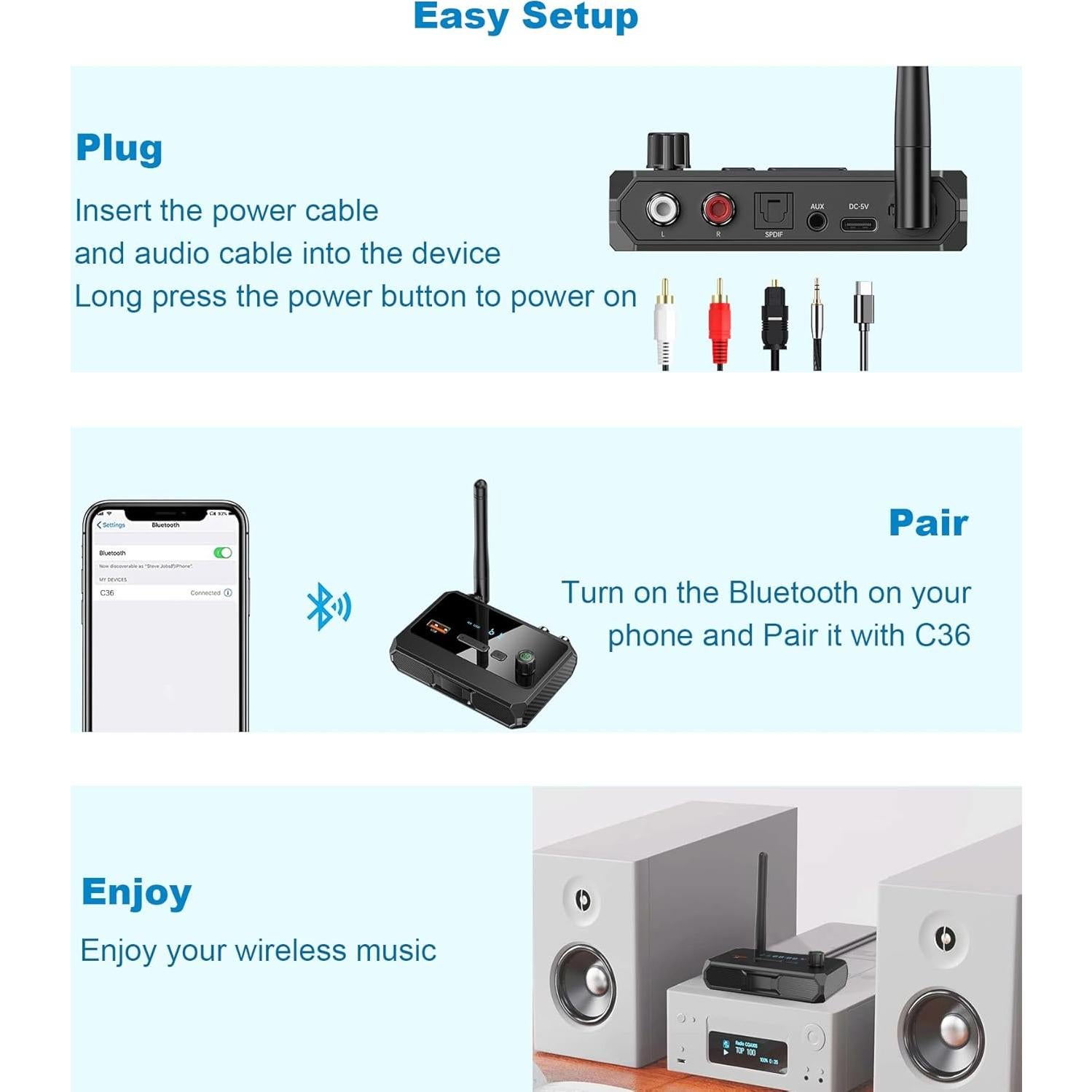 Receptor Bluetooth 5.3 KAIY para Estéreo Antiguo, RCA/AUX/Óptico