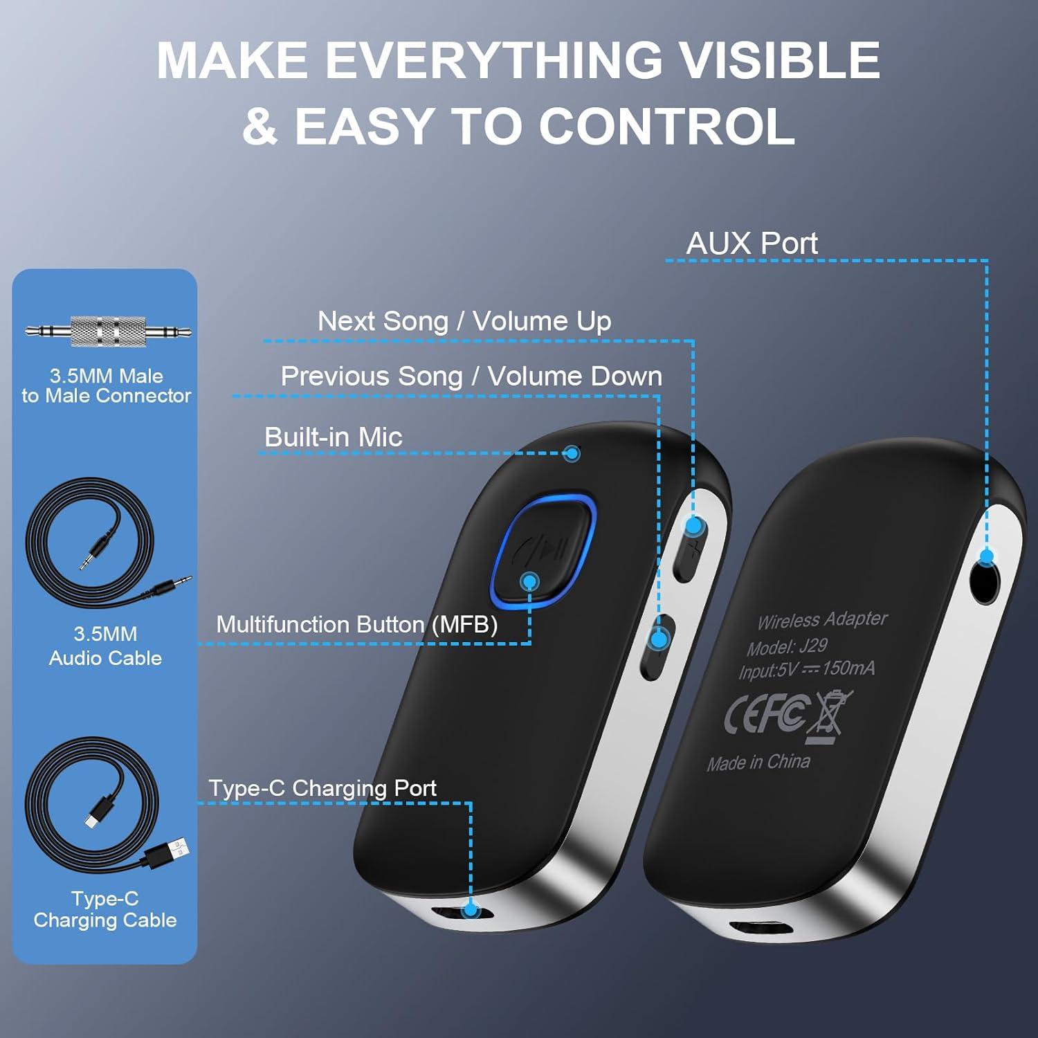 Receptor Bluetooth 5.0 para Coche Dongguan - Adaptador AUX 3.5mm