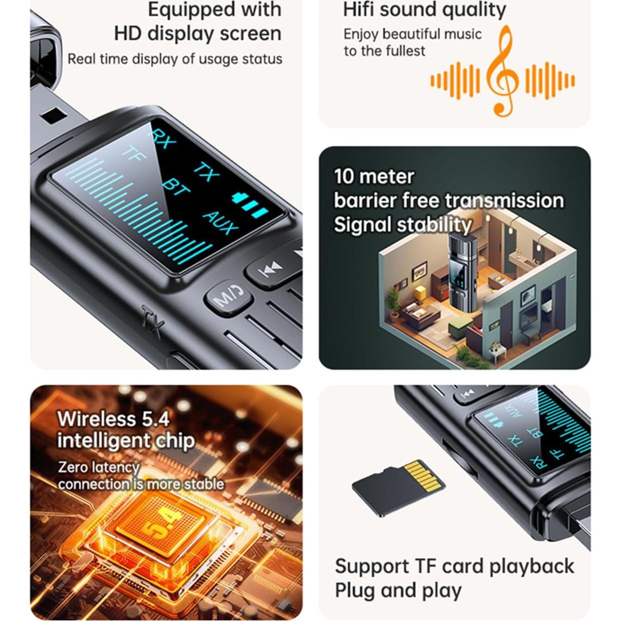 Transmisor Receptor Bluetooth 5.4 Bysimilai 2 en 1 AUX USB